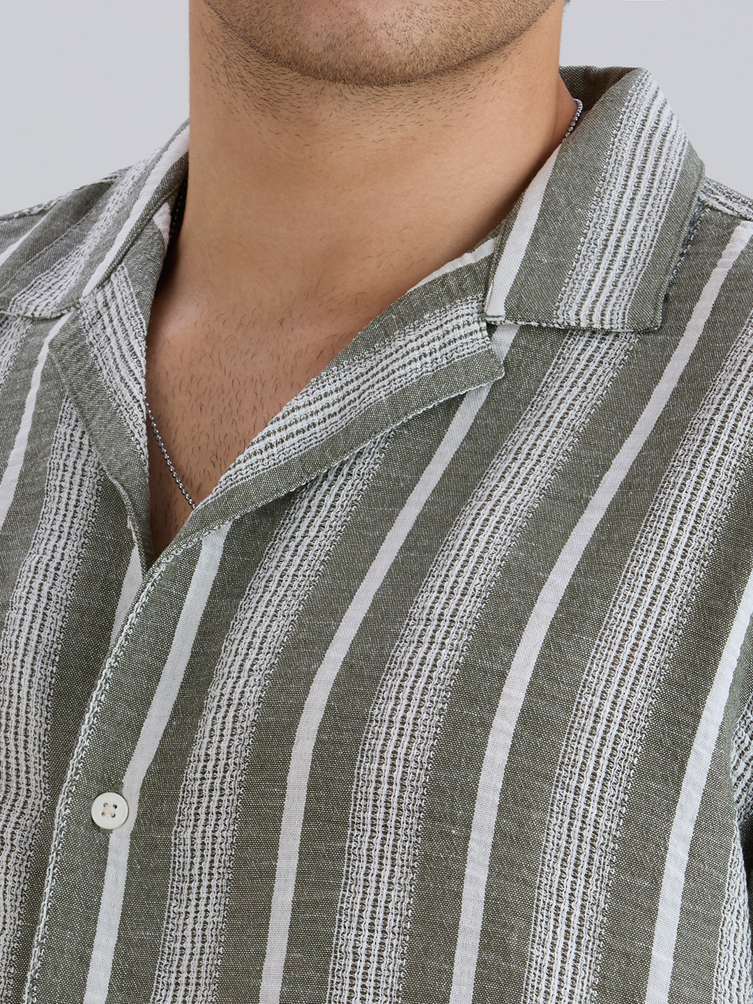 Span Half-Sleeves Striped Cuban Collar Shirt - Green