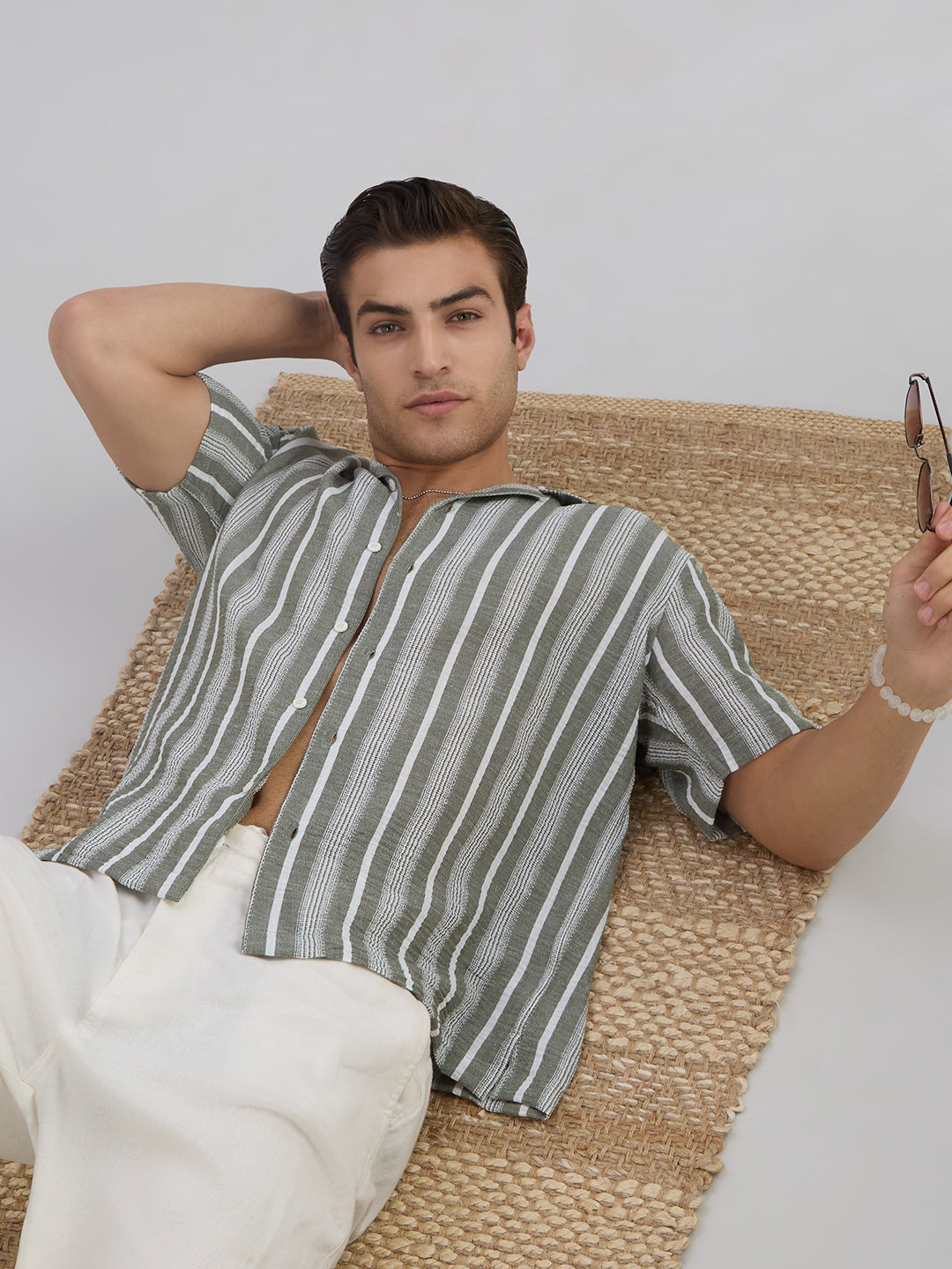 Span Half-Sleeves Striped Cuban Collar Shirt - Green