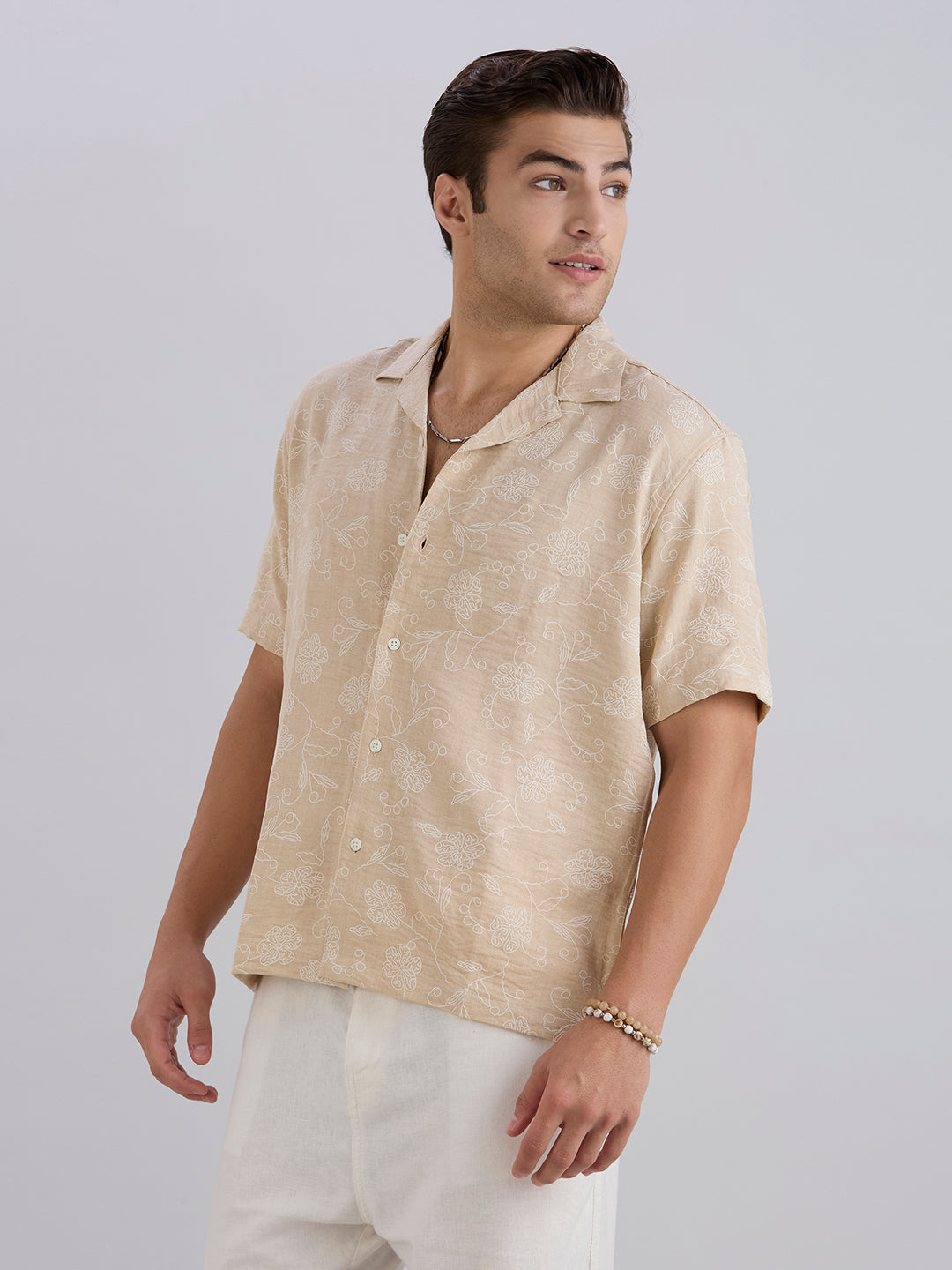 Aura Half-Sleeves Printed Cuban Collar Shirt - Cream