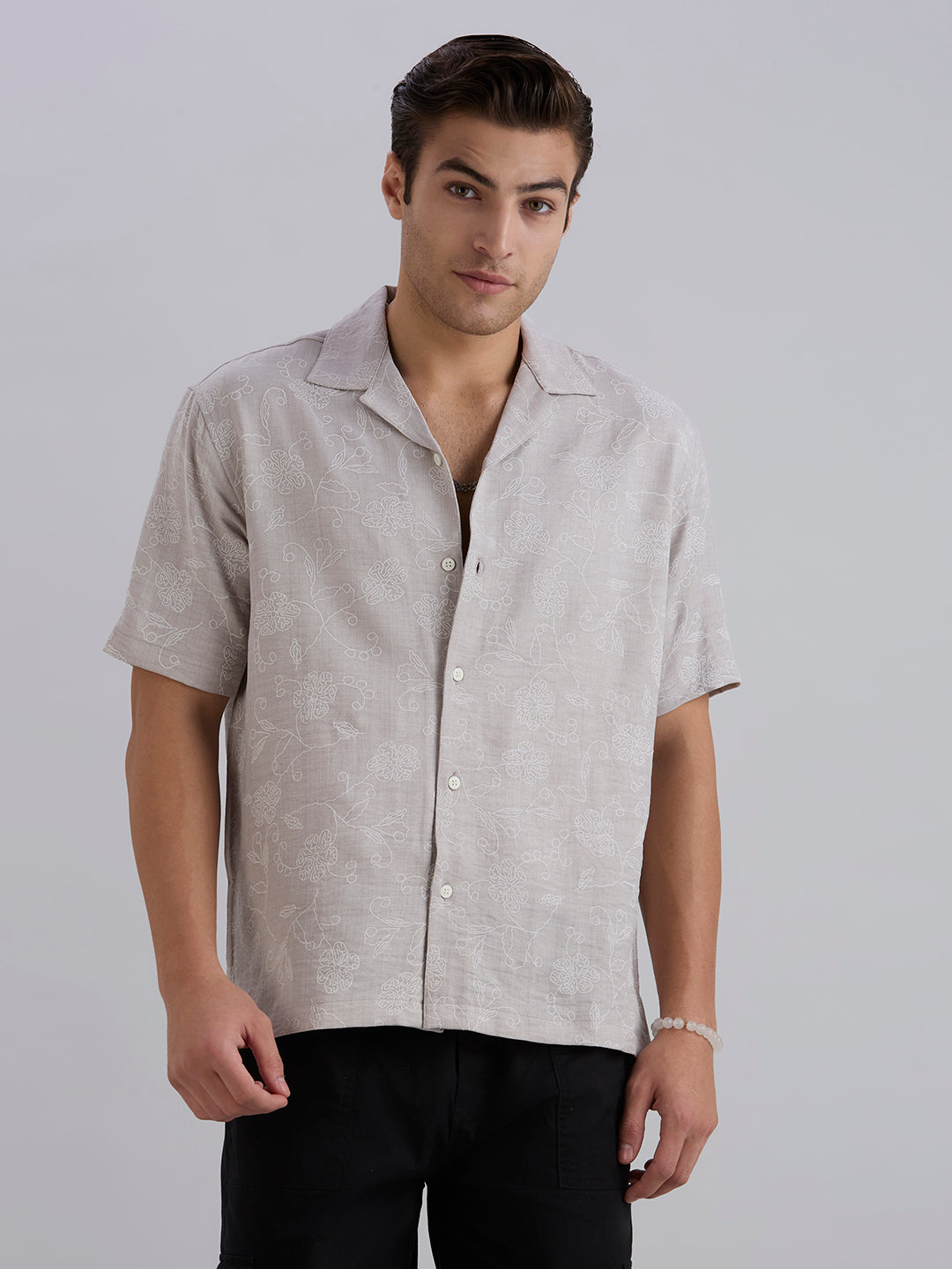 Aura Half-Sleeves Printed Cuban Collar Shirt - Grey