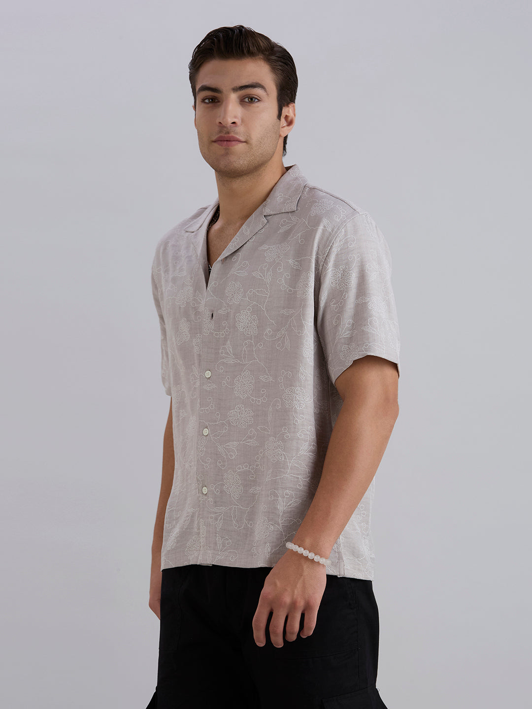 Aura Half-Sleeves Printed Cuban Collar Shirt - Grey