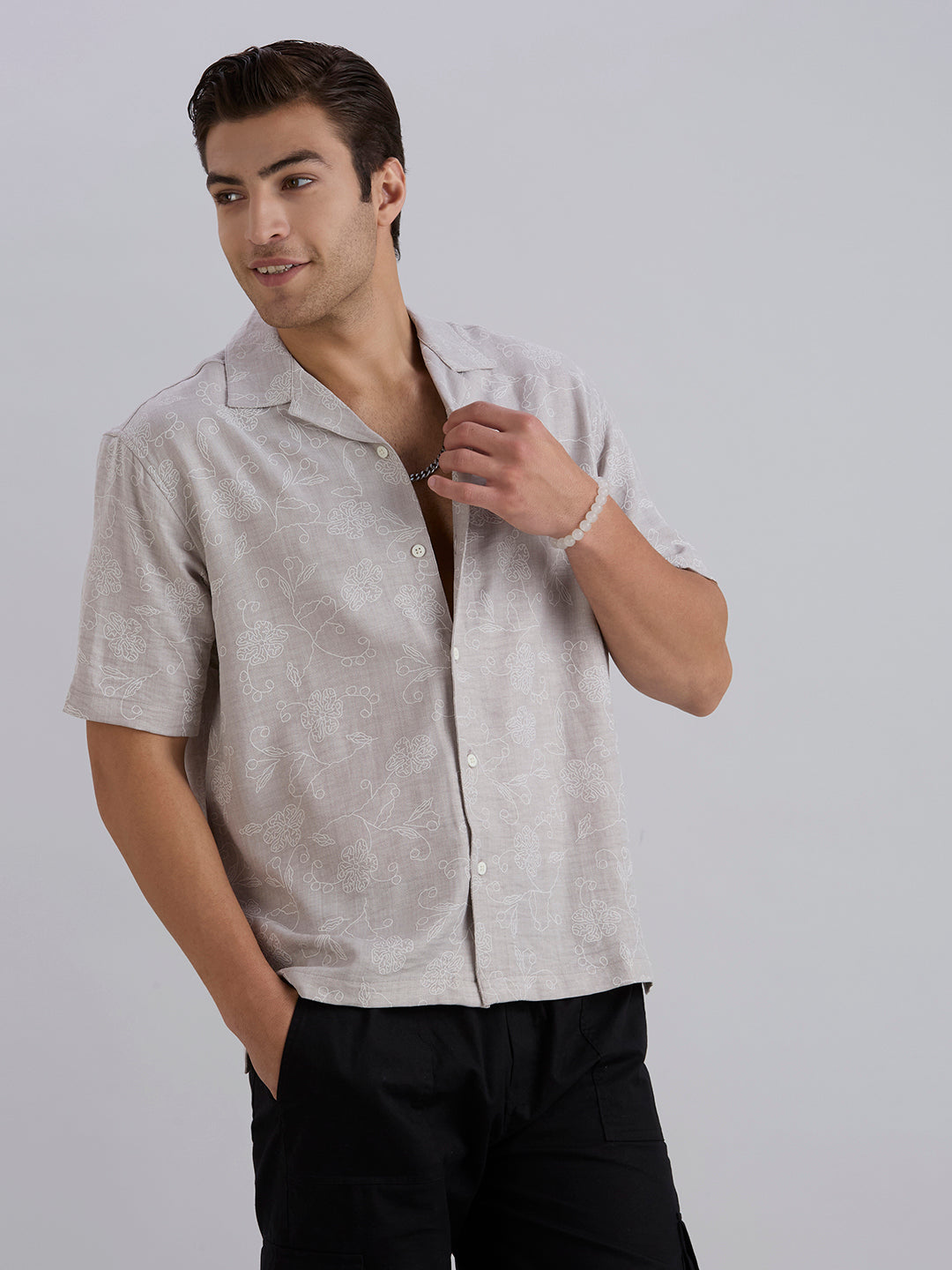 Aura Half-Sleeves Printed Cuban Collar Shirt - Grey