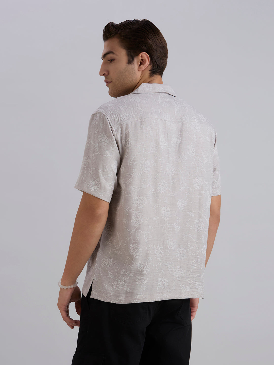 Aura Half-Sleeves Printed Cuban Collar Shirt - Grey