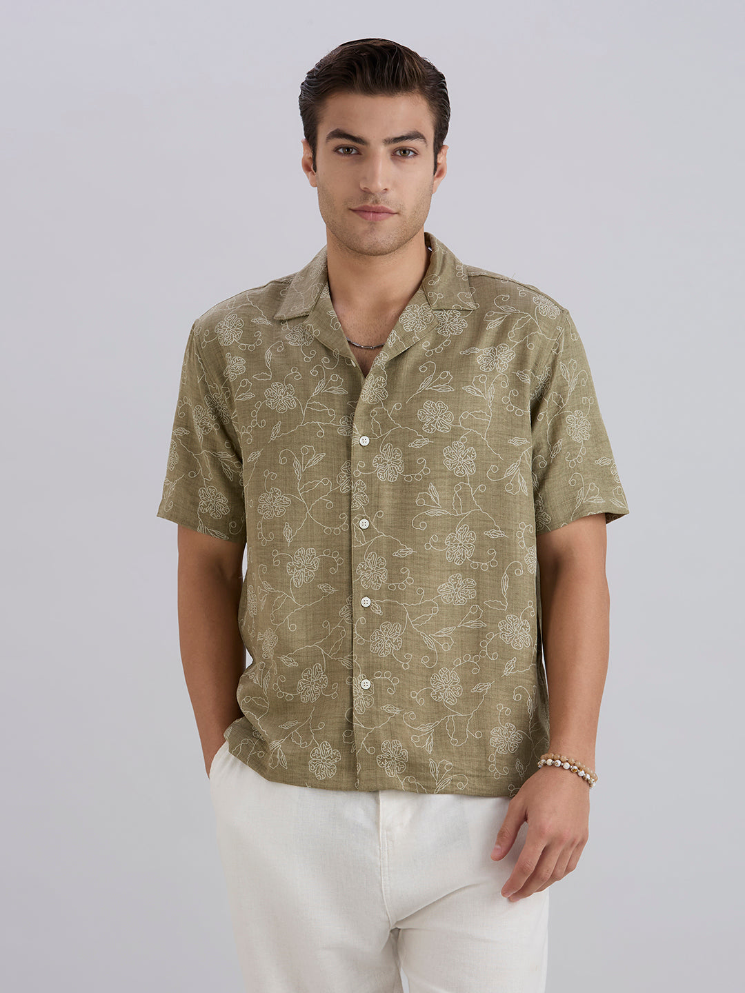 Aura Half-Sleeves Printed Cuban Collar Shirt - Green