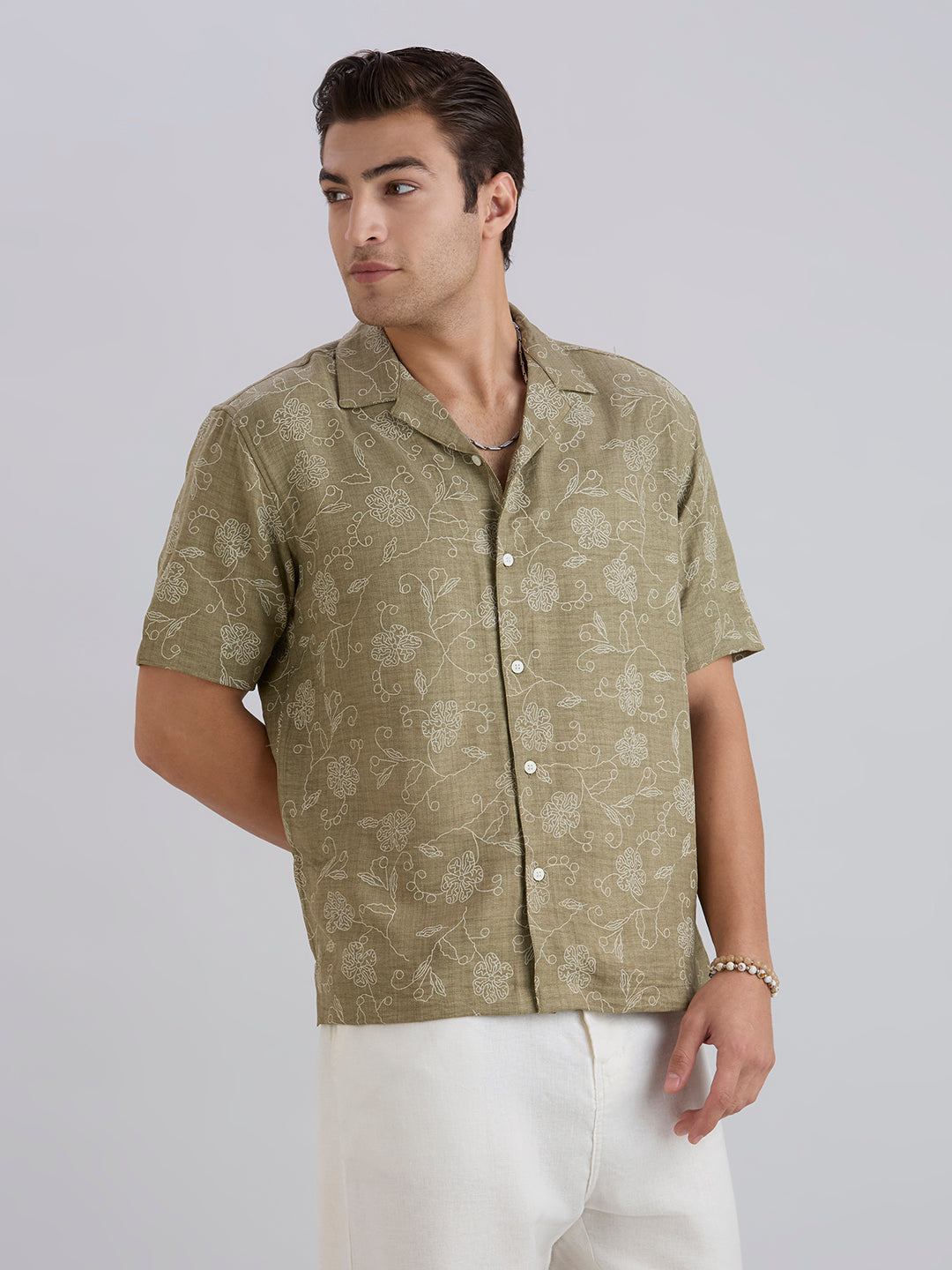 Aura Half-Sleeves Printed Cuban Collar Shirt - Green