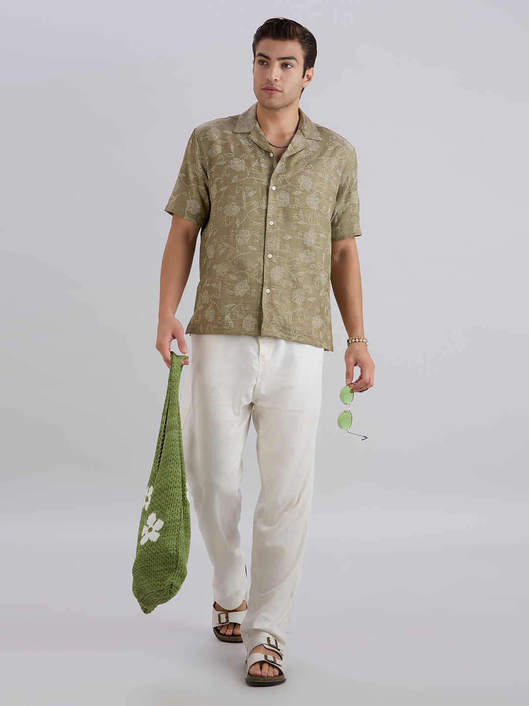 Aura Half-Sleeves Printed Cuban Collar Shirt - Green