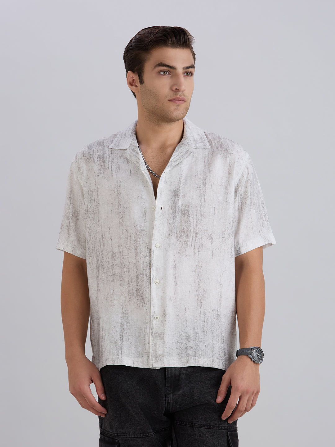 Splatter Half-Sleeves Printed Cuban Collar Shirt - Black