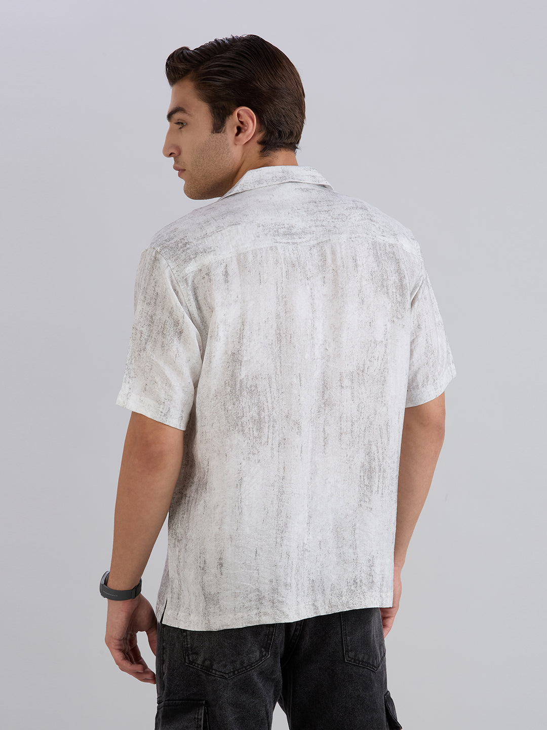Splatter Half-Sleeves Printed Cuban Collar Shirt - Black