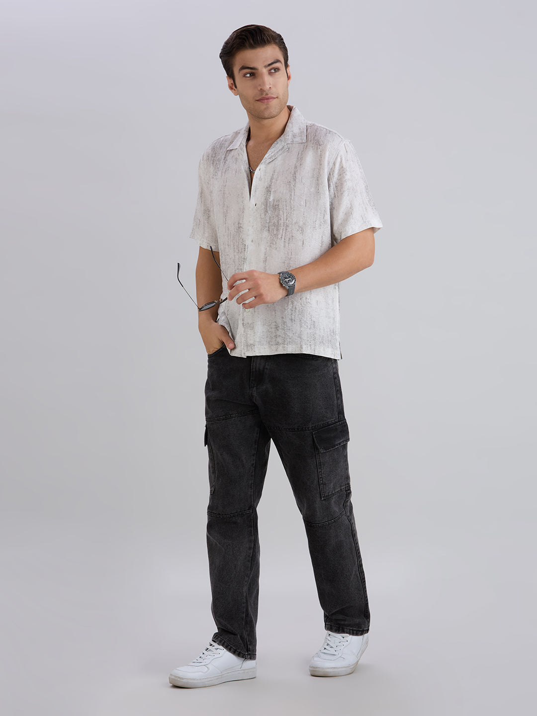 Splatter Half-Sleeves Printed Cuban Collar Shirt - Black