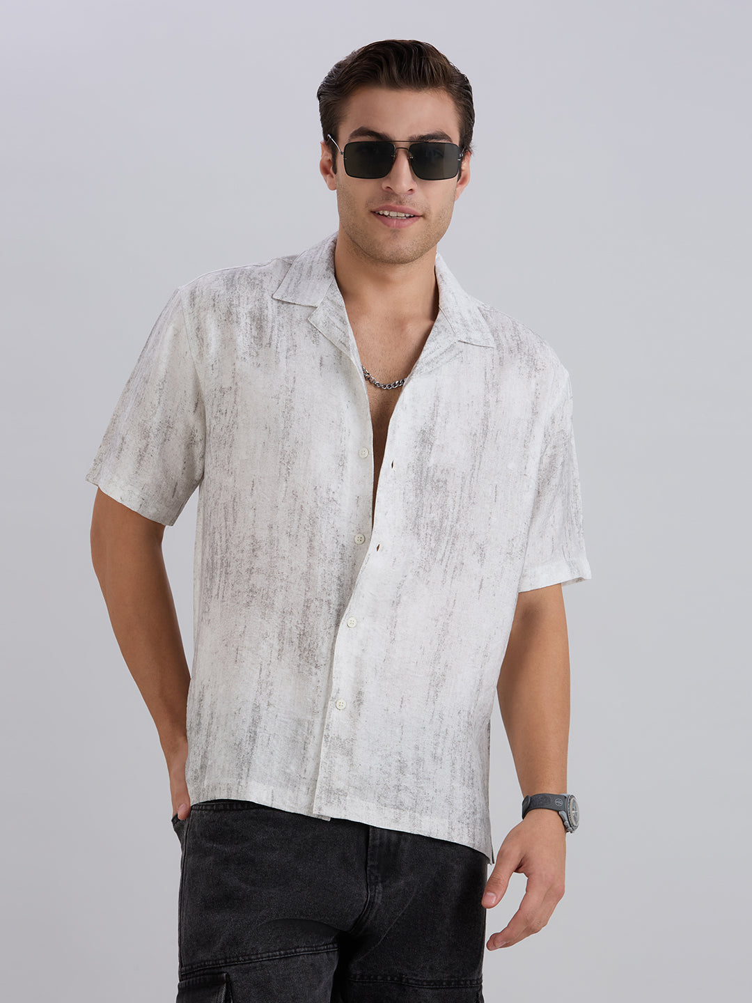 Splatter Half-Sleeves Printed Cuban Collar Shirt - Black