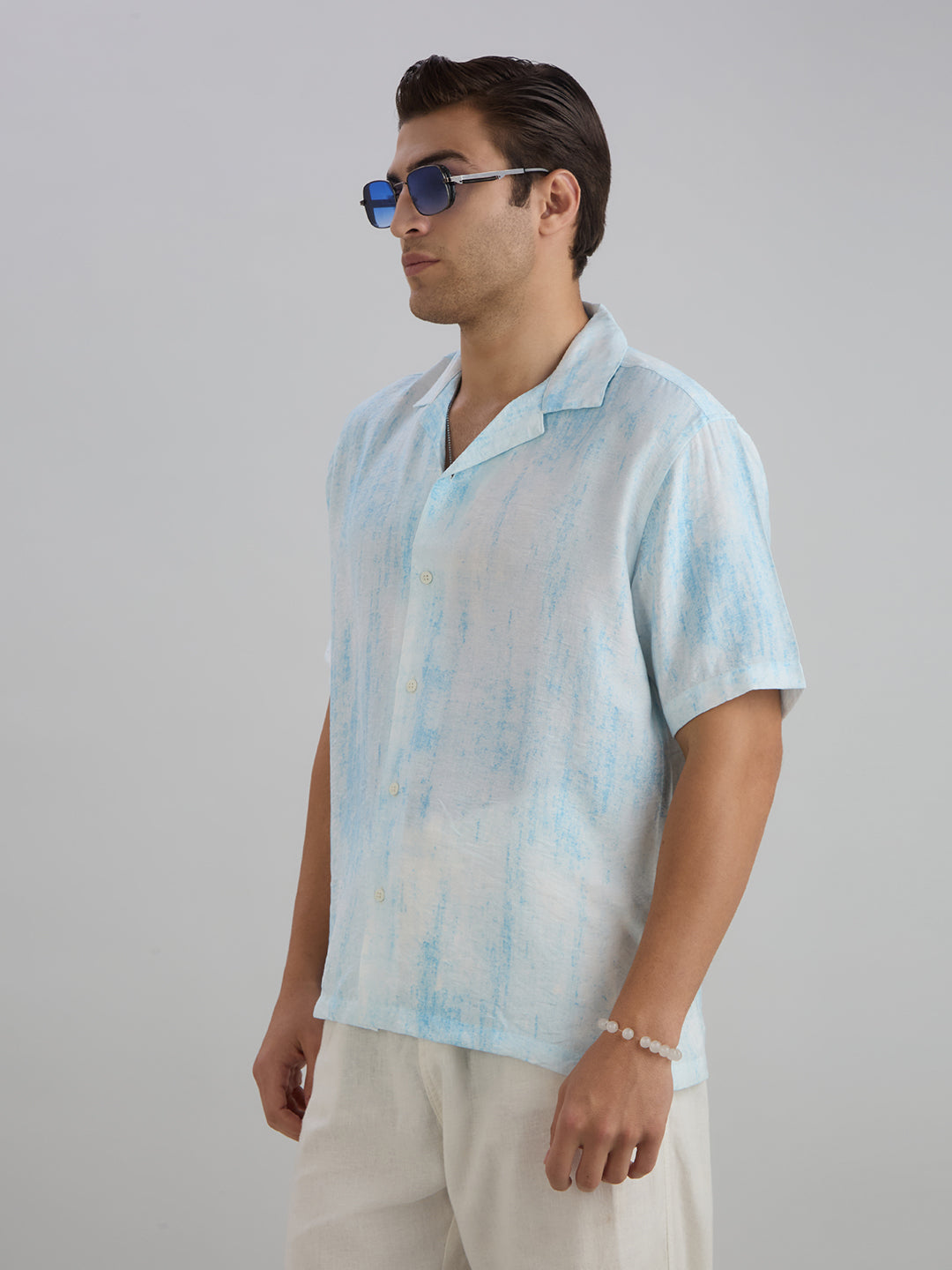 Splatter Half-Sleeves Printed Cuban Collar Shirt - Blue