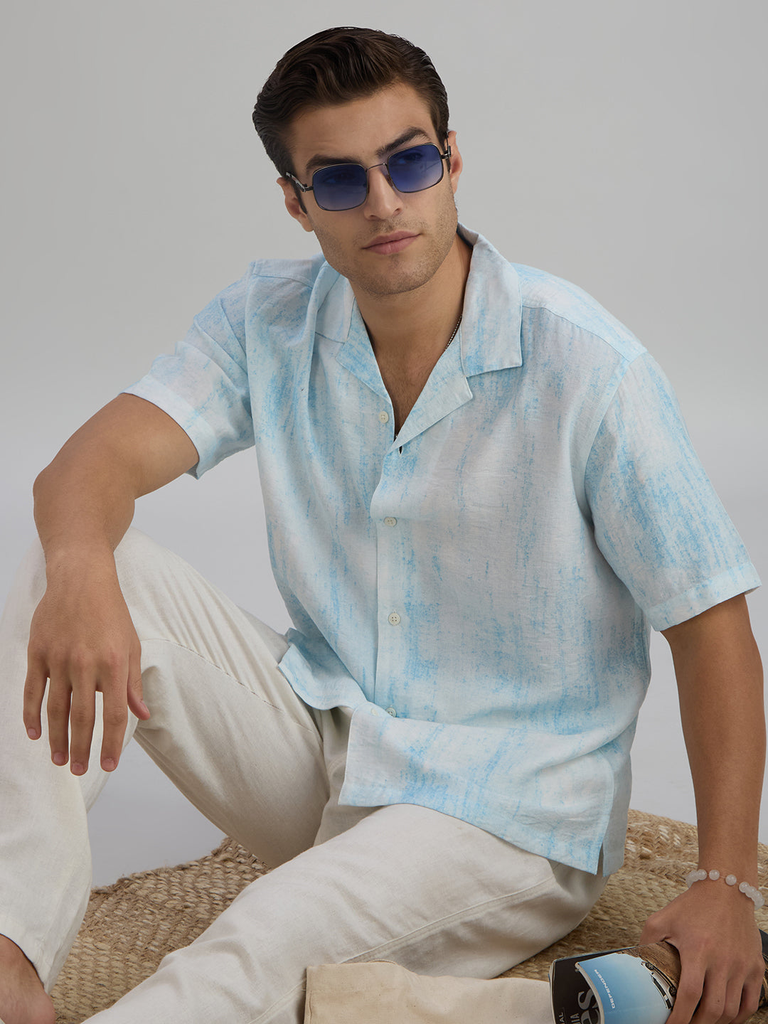 Splatter Half-Sleeves Printed Cuban Collar Shirt - Blue