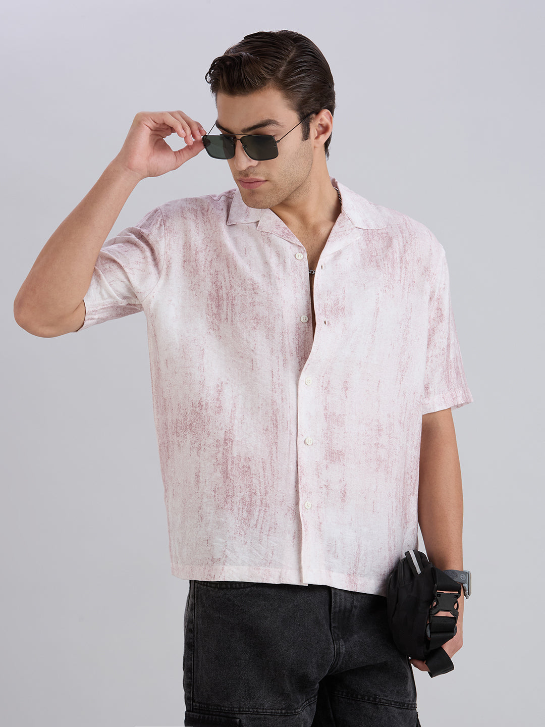 Splatter Half-Sleeves Printed Cuban Collar Shirt - Maroon