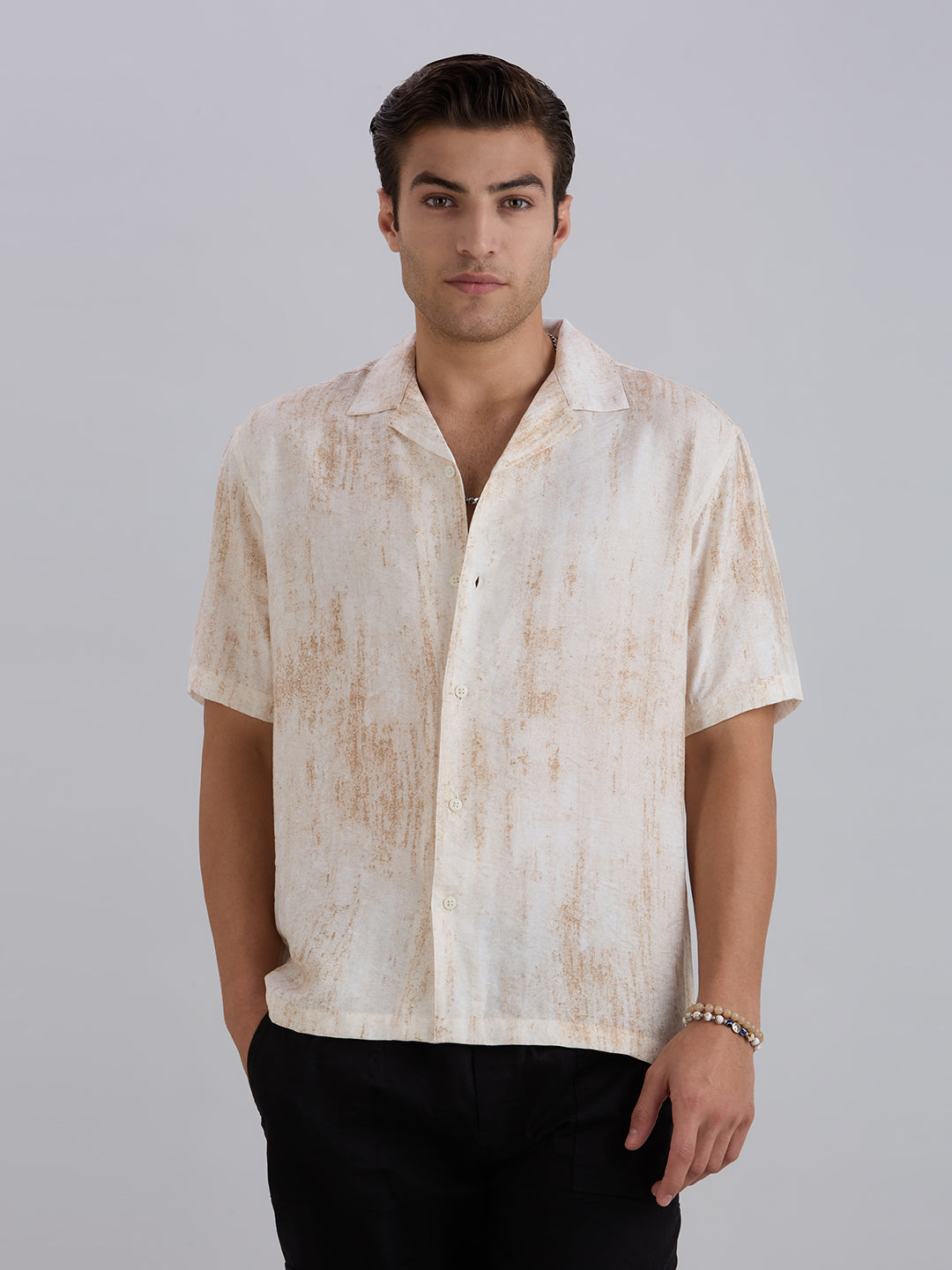 Splatter Half-Sleeves Printed Cuban Collar Shirt - Brown