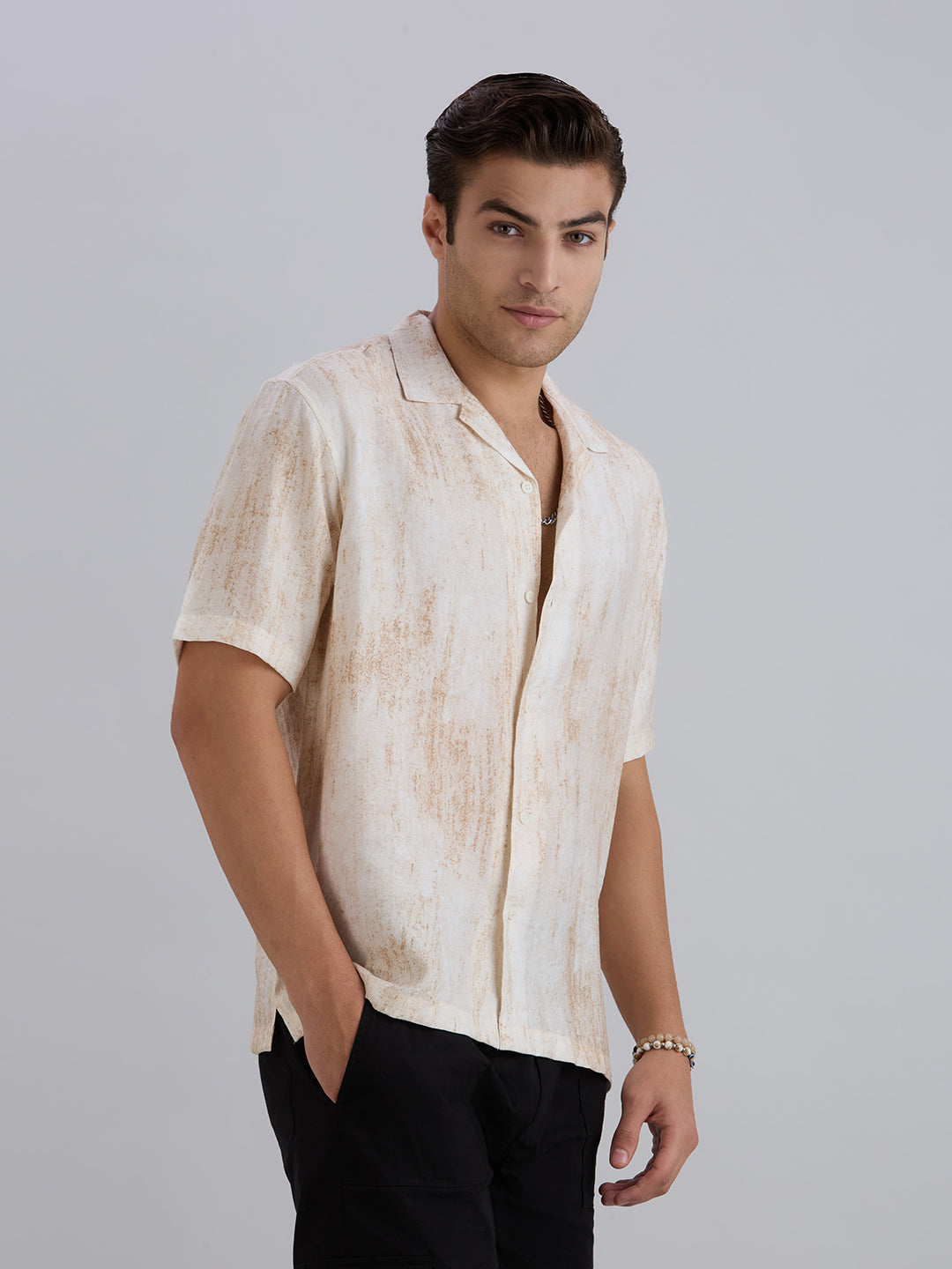 Splatter Half-Sleeves Printed Cuban Collar Shirt - Brown
