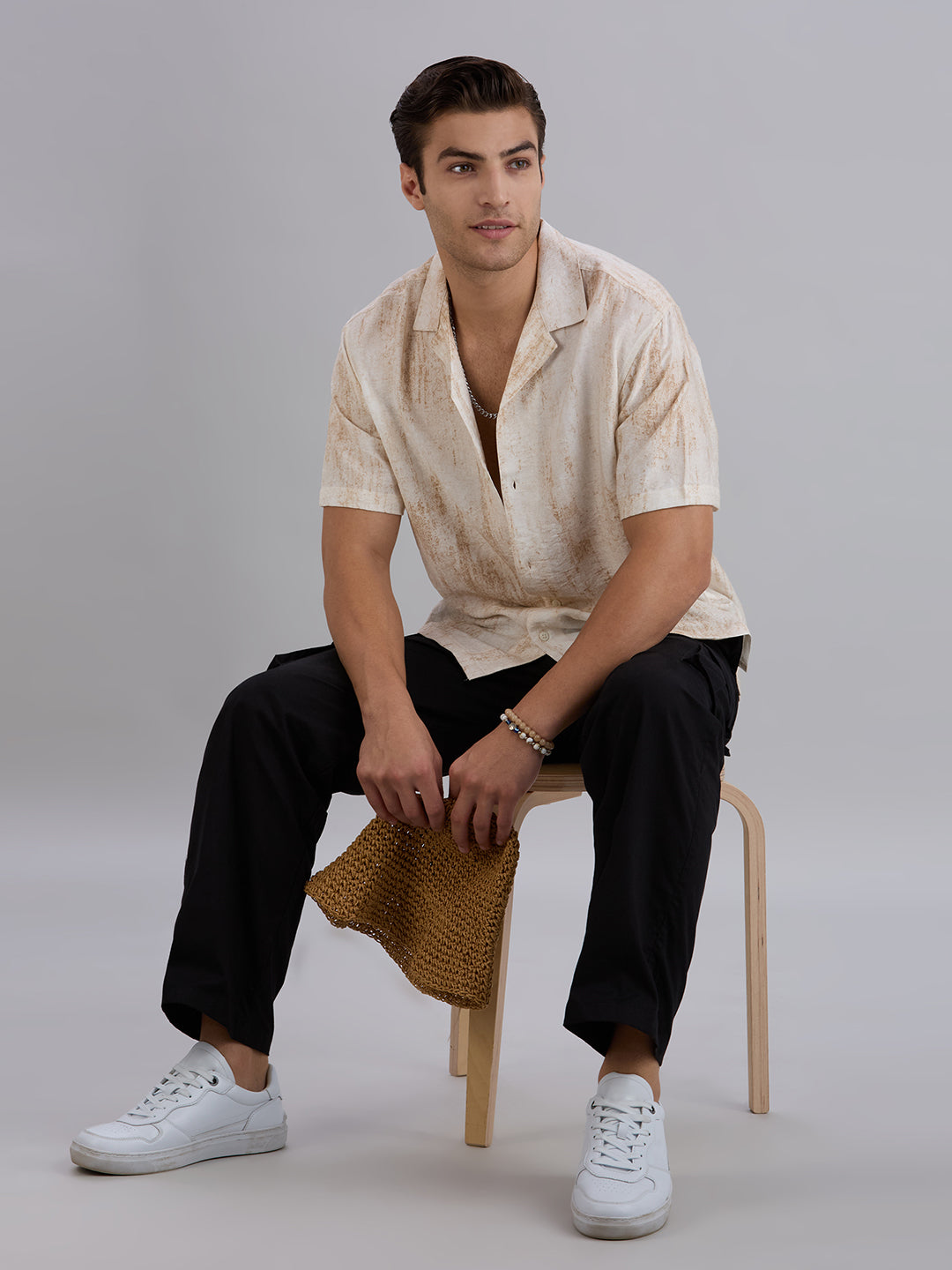 Splatter Half-Sleeves Printed Cuban Collar Shirt - Brown