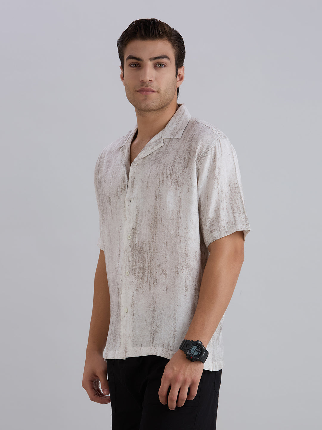Splatter Half-Sleeves Printed Cuban Collar Shirt - Grey