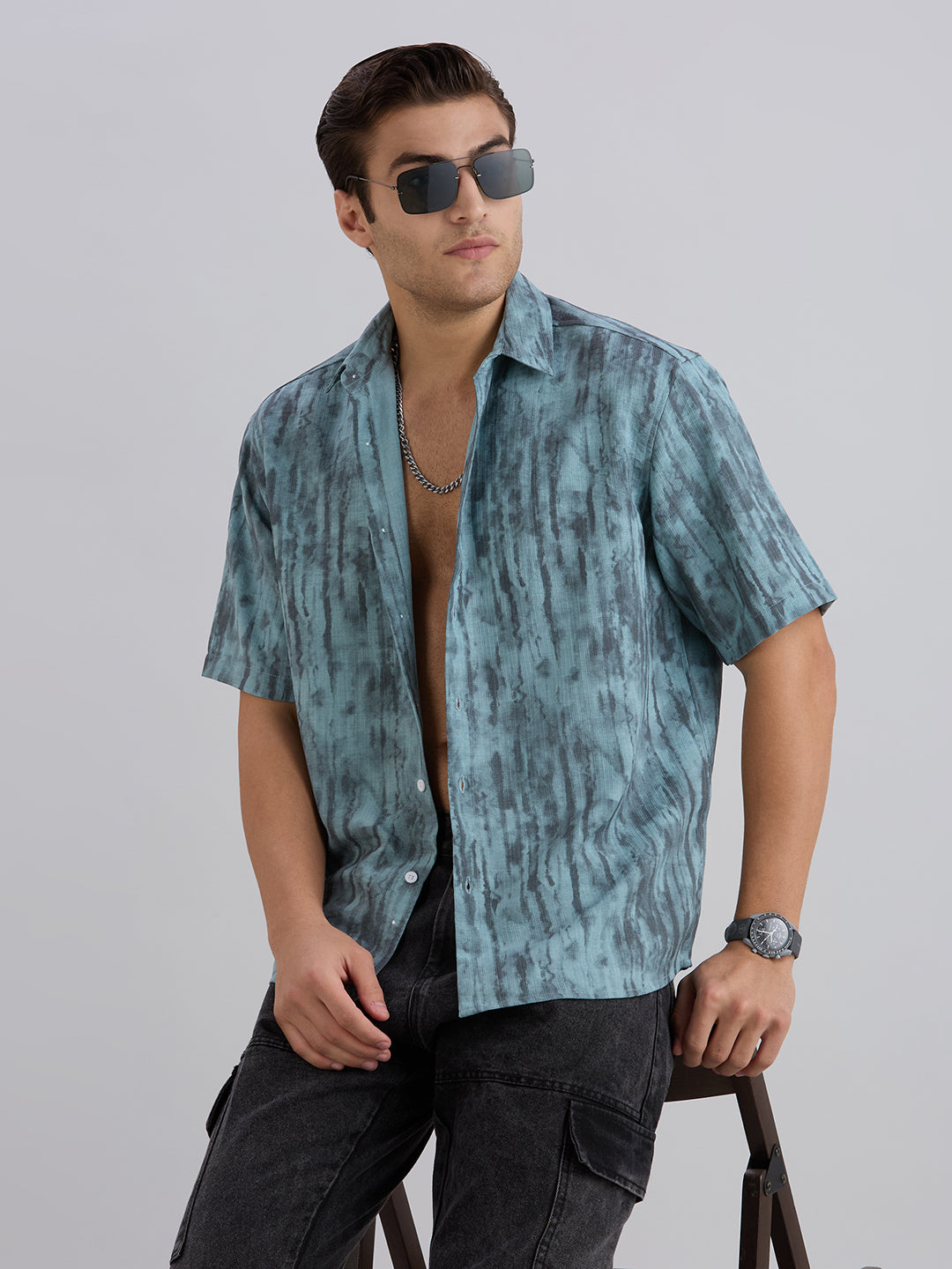 Mist Half-Sleeves Textured shirt - Blue