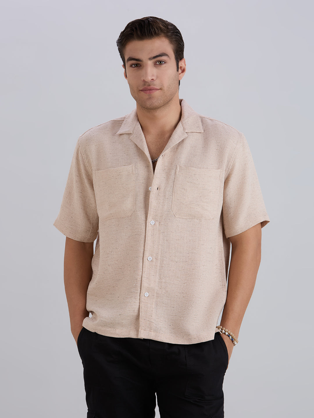 Matrix Half-Sleeves Double Pocket Cuban Collar Shirt - Beige
