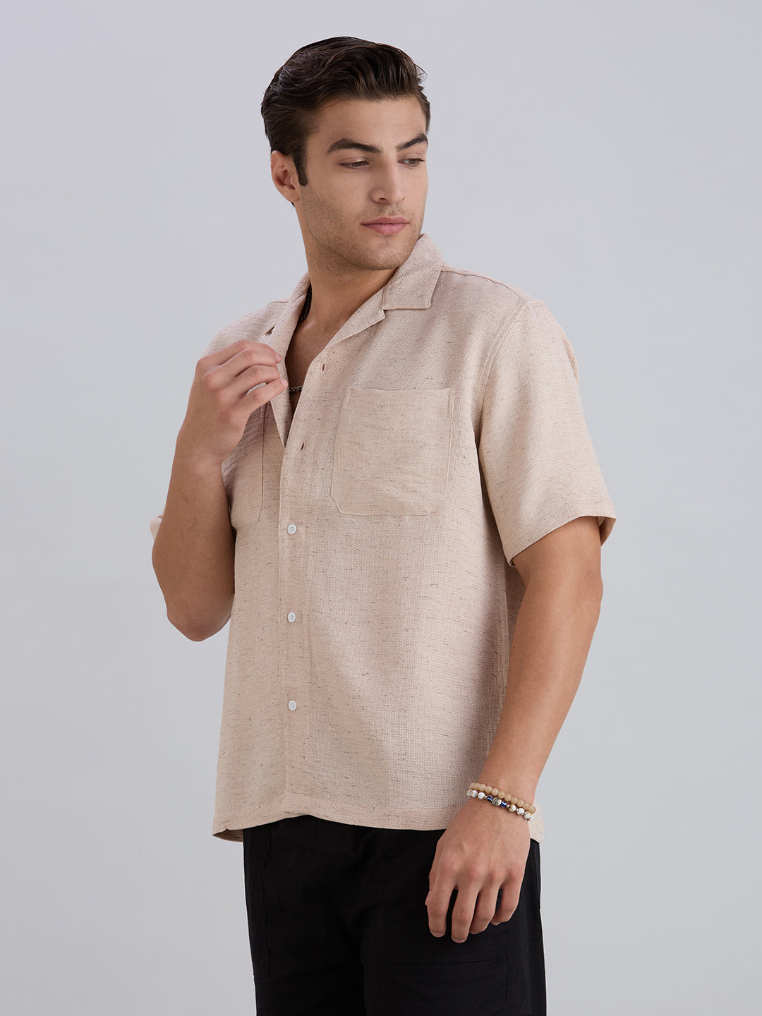 Matrix Half-Sleeves Double Pocket Cuban Collar Shirt - Beige