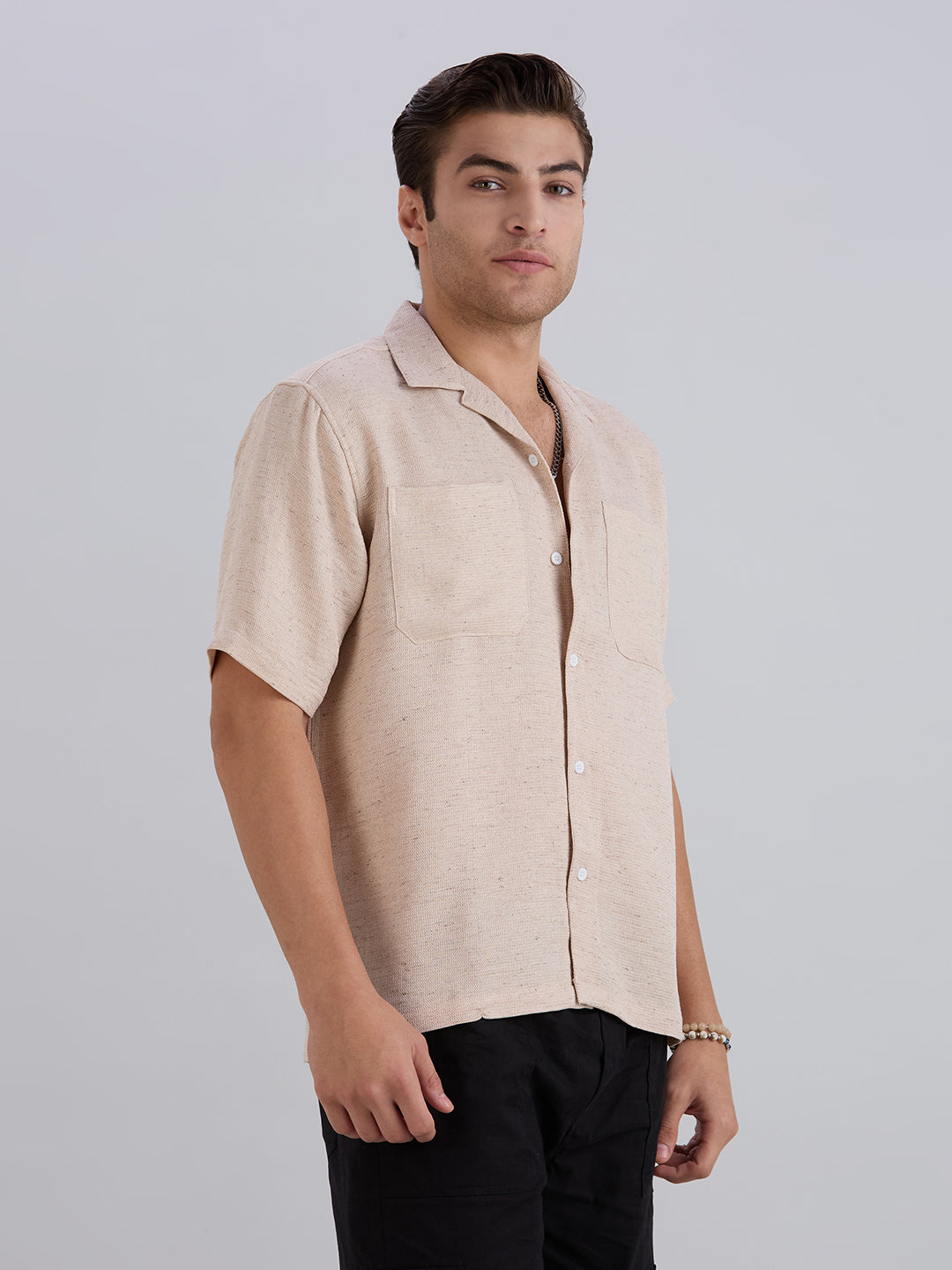 Matrix Half-Sleeves Double Pocket Cuban Collar Shirt - Beige