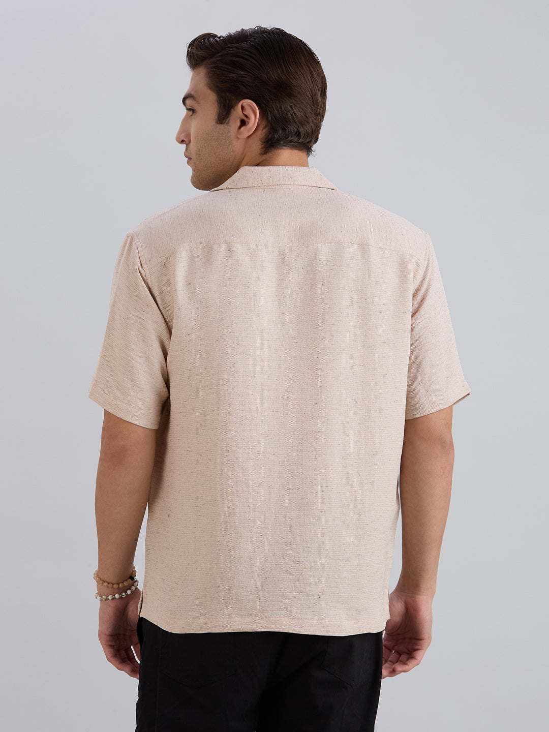 Matrix Half-Sleeves Double Pocket Cuban Collar Shirt - Beige