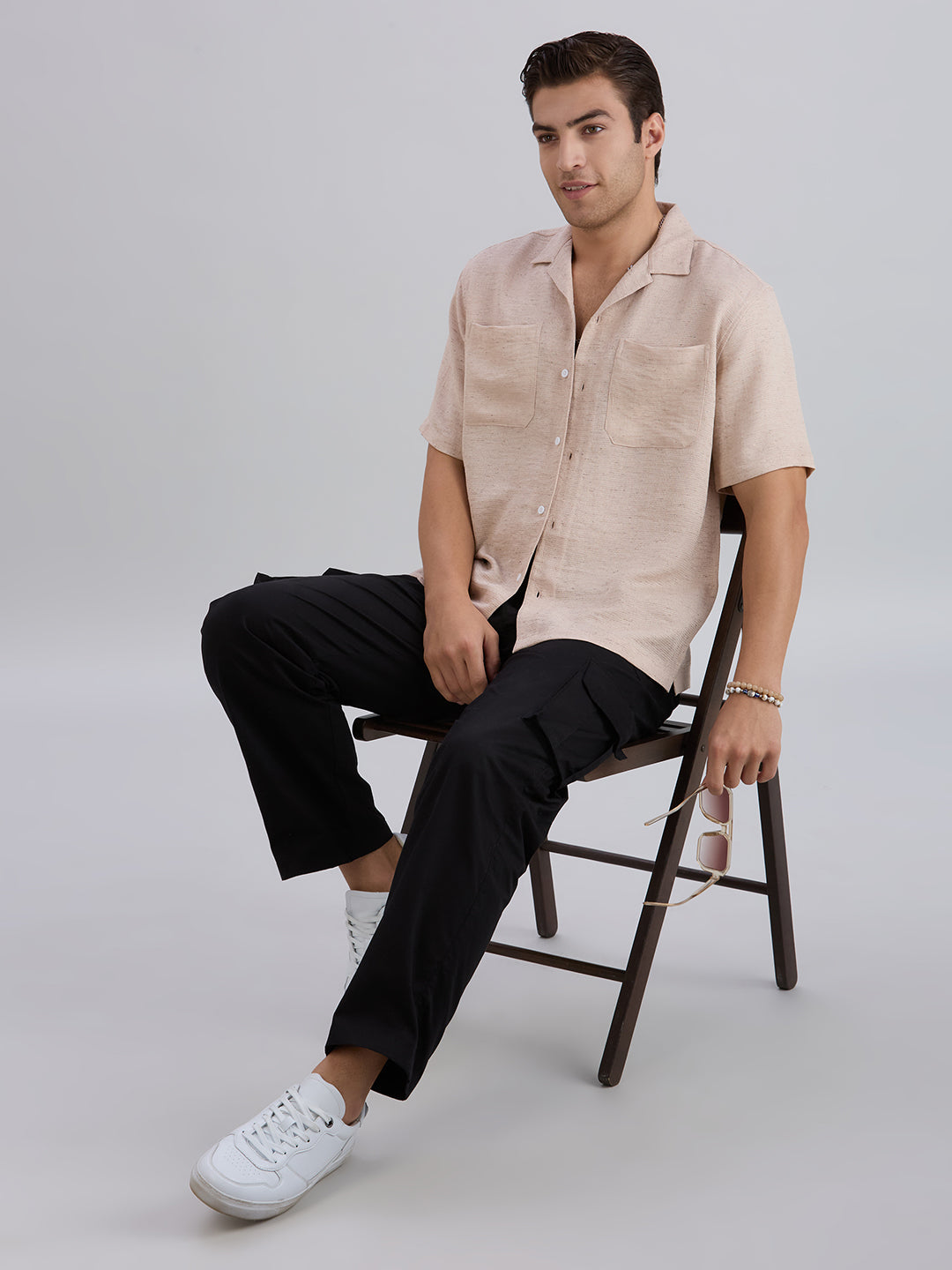 Matrix Half-Sleeves Double Pocket Cuban Collar Shirt - Beige