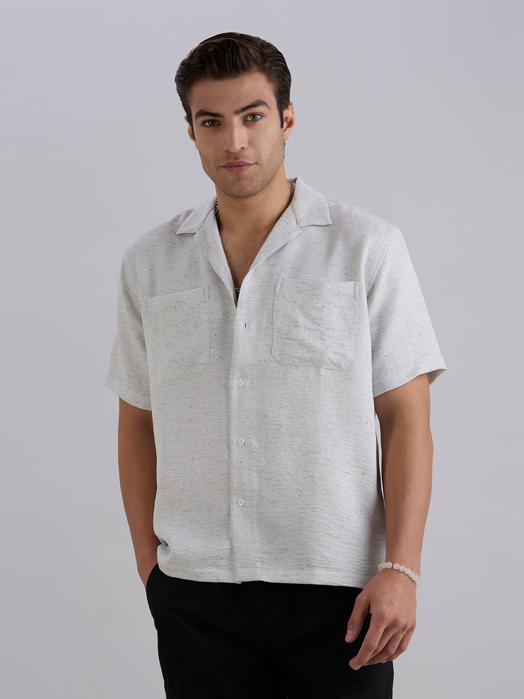 Matrix Half-Sleeves Double Pocket Cuban Collar Shirt - White