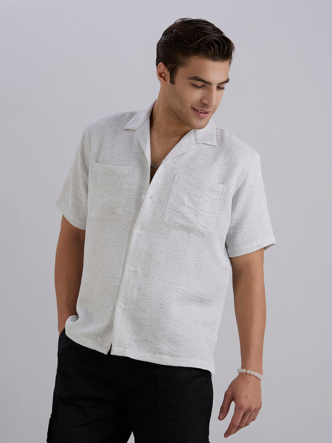 Matrix Half-Sleeves Double Pocket Cuban Collar Shirt - White