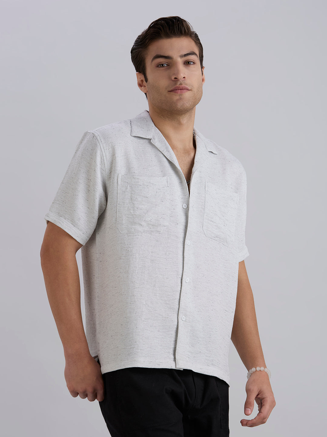 Matrix Half-Sleeves Double Pocket Cuban Collar Shirt - White
