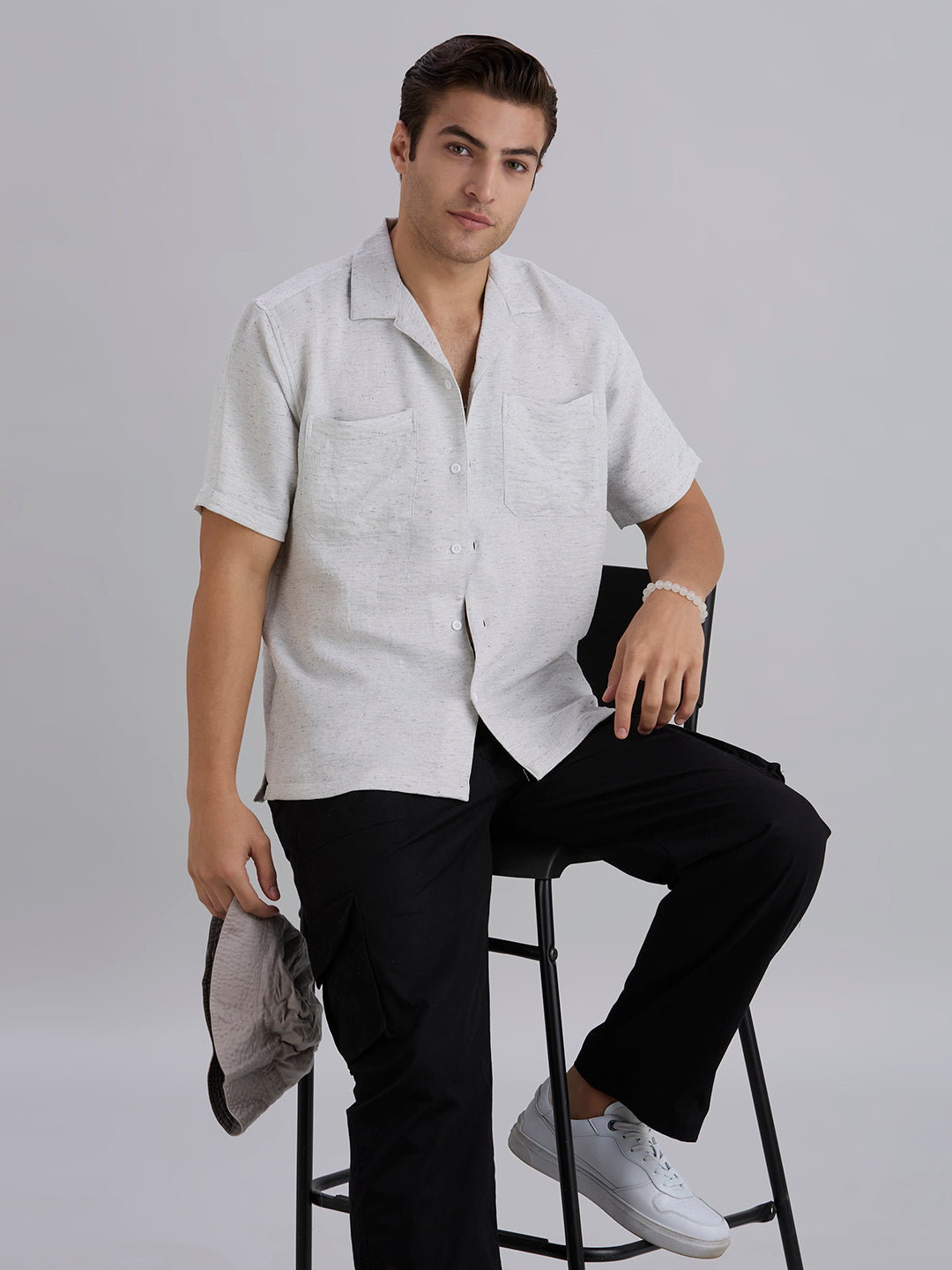 Matrix Half-Sleeves Double Pocket Cuban Collar Shirt - White