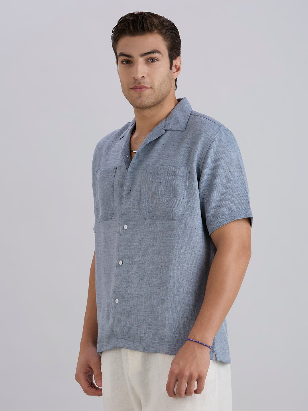 Matrix Half-Sleeves Double Pocket Cuban Collar Shirt - Grey