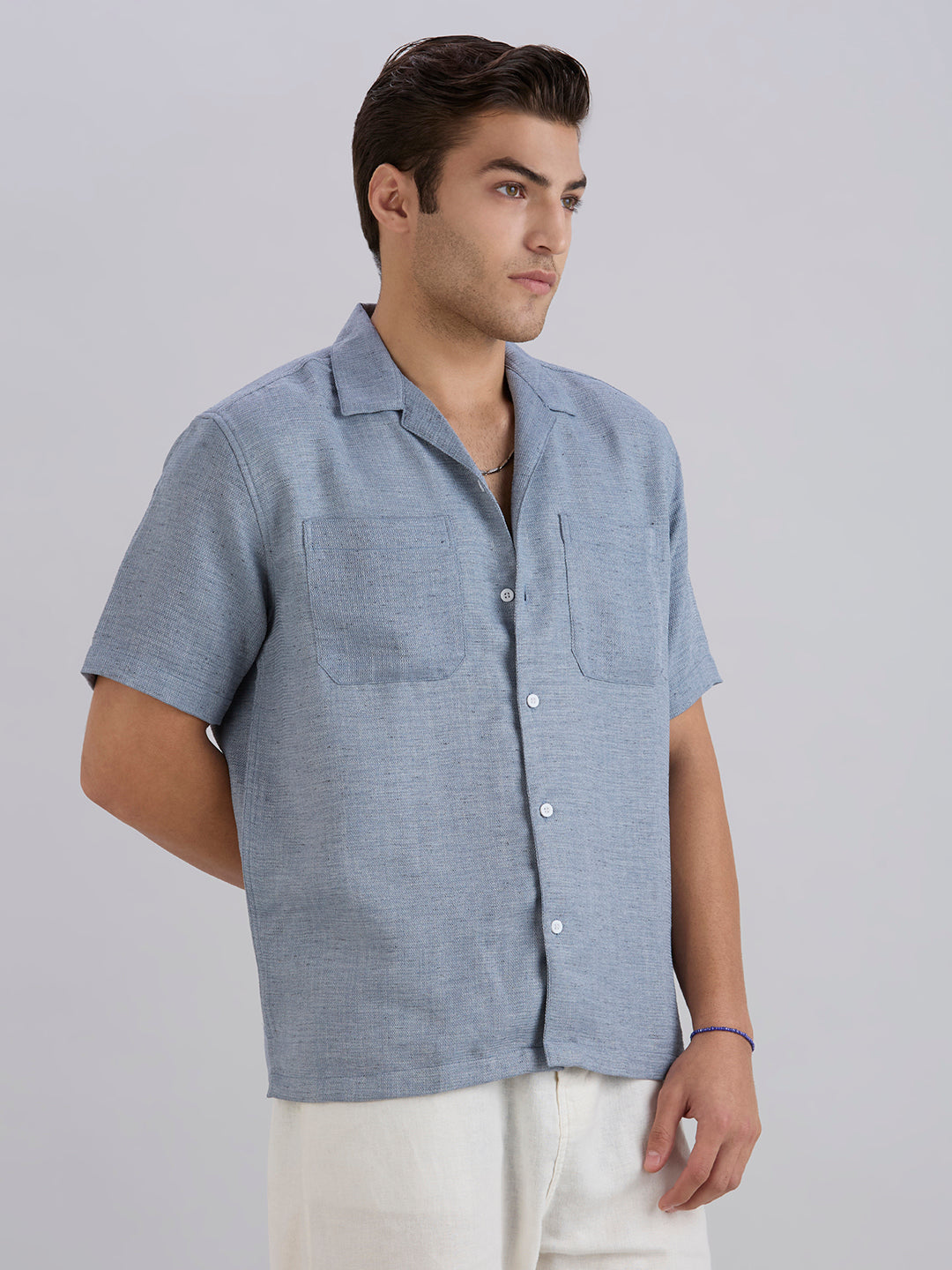 Matrix Half-Sleeves Double Pocket Cuban Collar Shirt - Grey