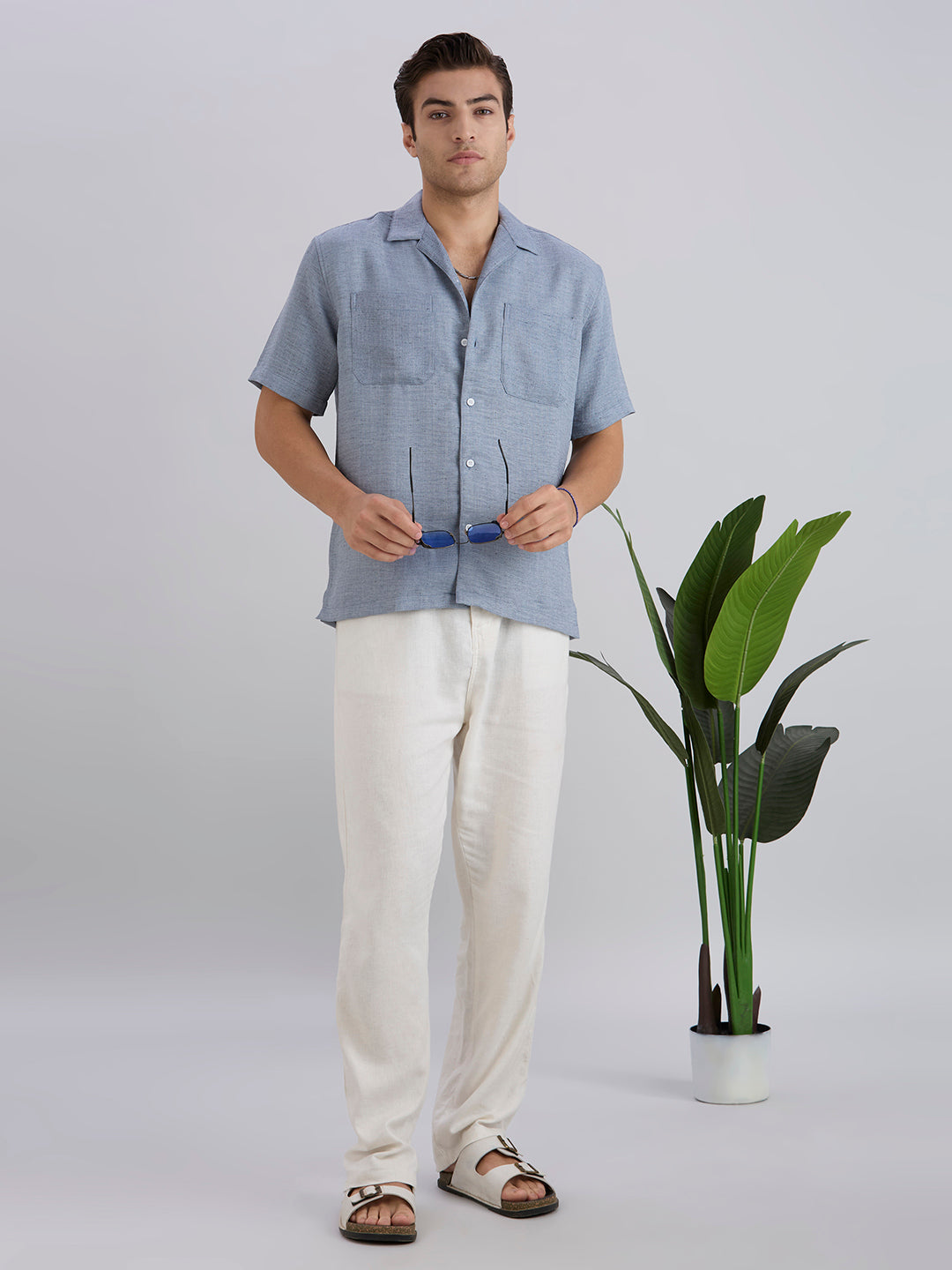 Matrix Half-Sleeves Double Pocket Cuban Collar Shirt - Grey