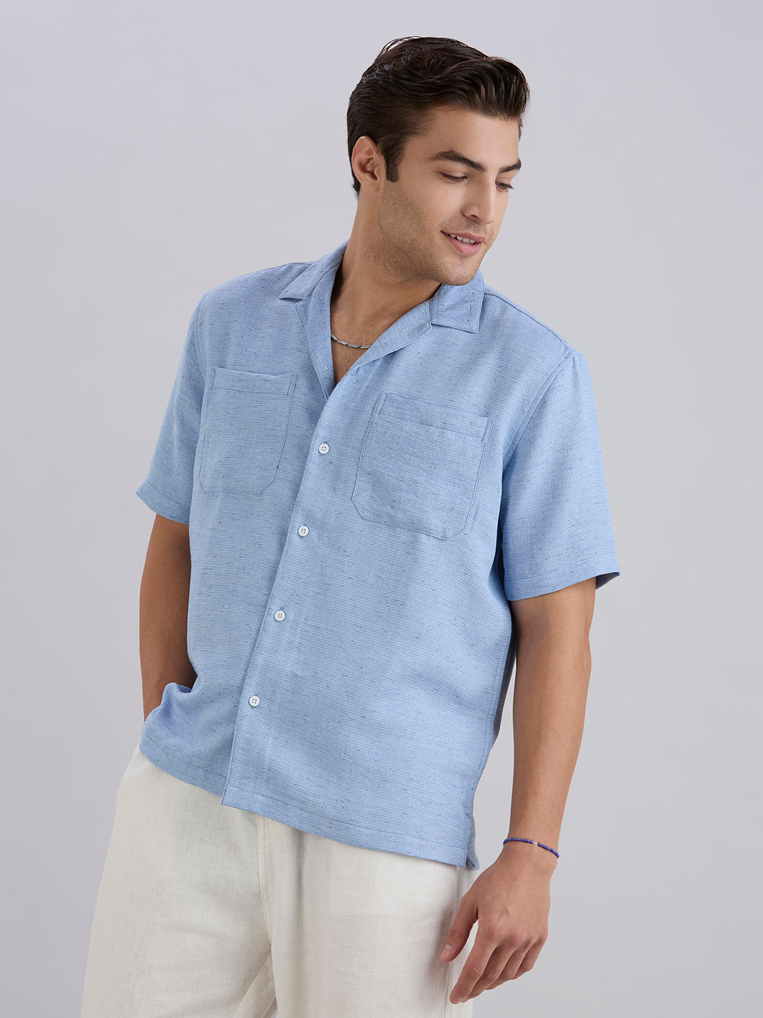 Matrix Half-Sleeves Double Pocket Cuban Collar Shirt - Blue