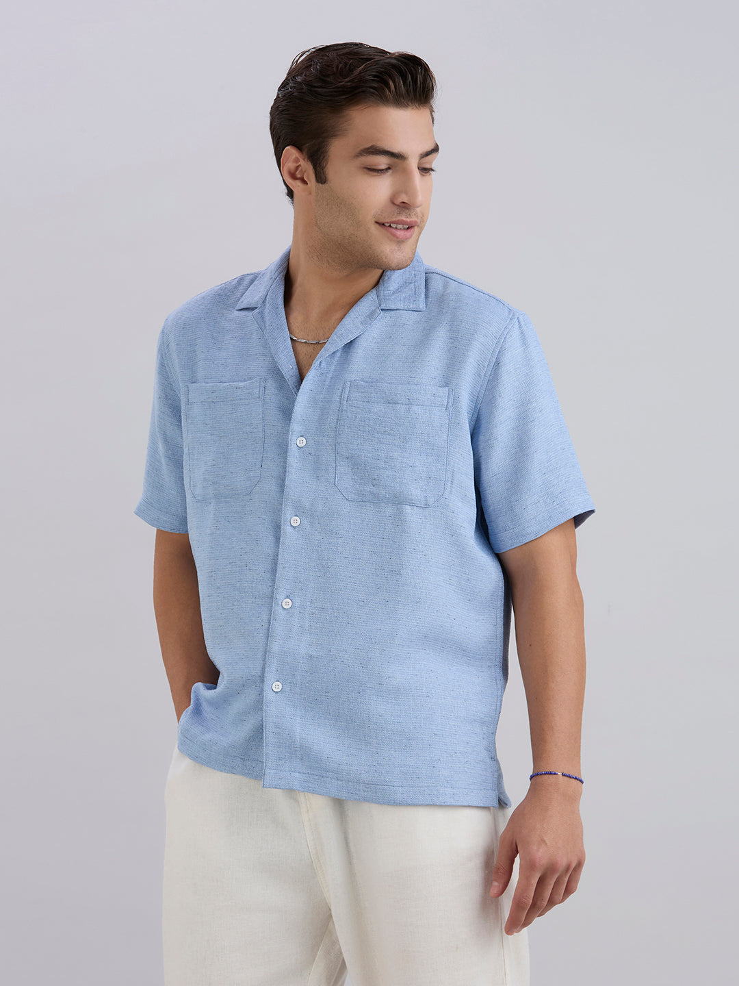 Matrix Half-Sleeves Double Pocket Cuban Collar Shirt - Blue