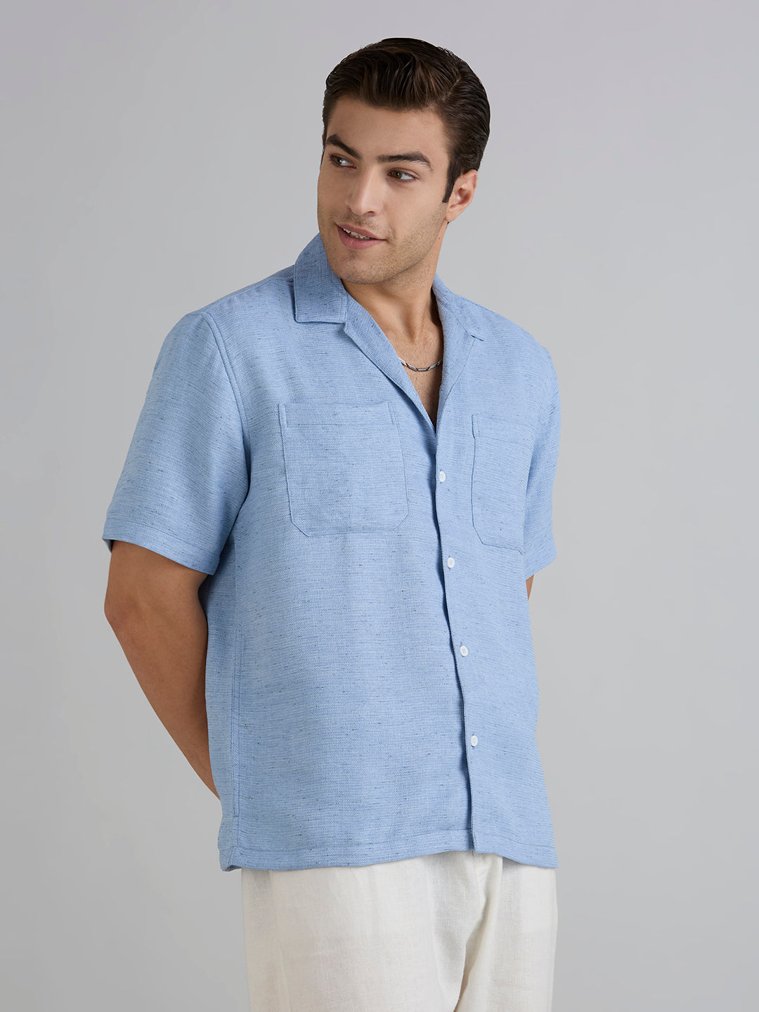 Matrix Half-Sleeves Double Pocket Cuban Collar Shirt - Blue