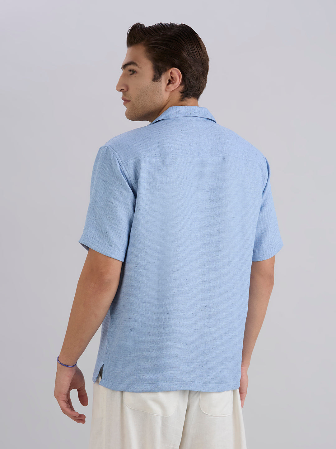 Matrix Half-Sleeves Double Pocket Cuban Collar Shirt - Blue