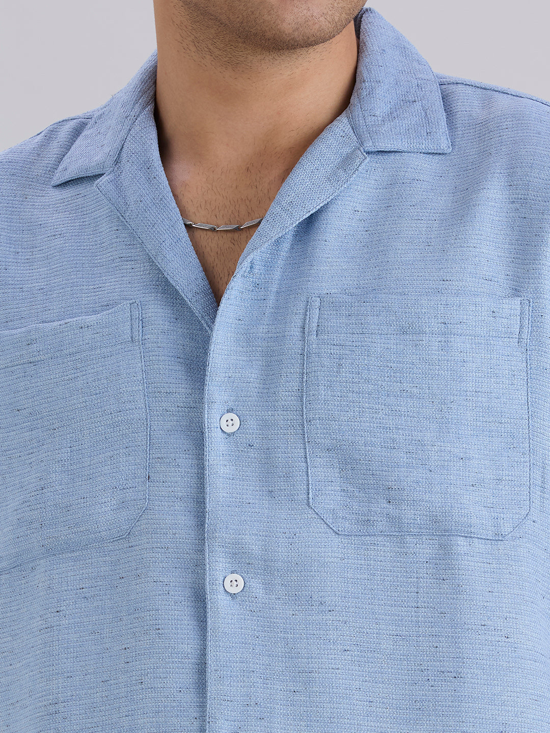 Matrix Half-Sleeves Double Pocket Cuban Collar Shirt - Blue