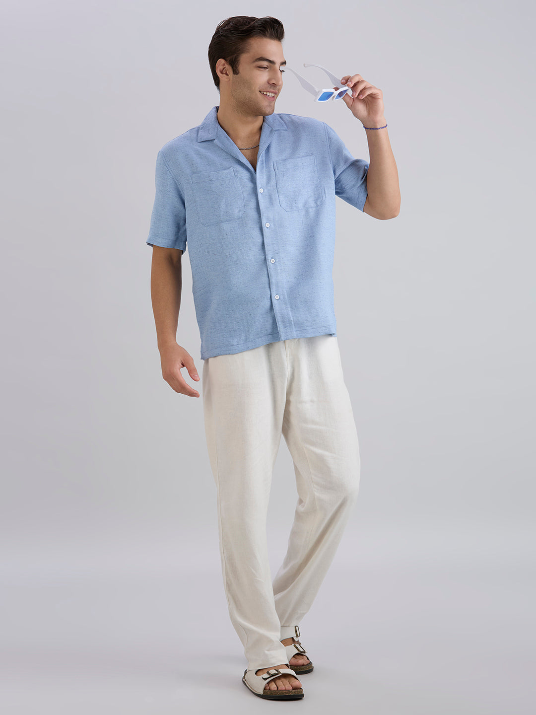 Matrix Half-Sleeves Double Pocket Cuban Collar Shirt - Blue