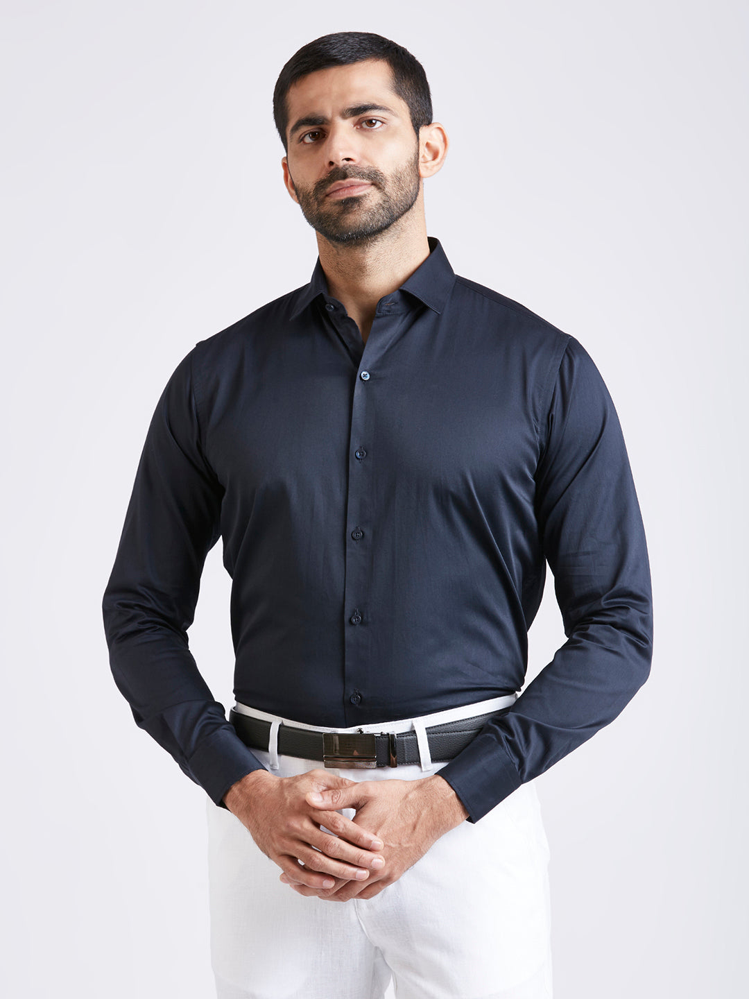 Pronto - Satin Slim Fit Shirt - Navy