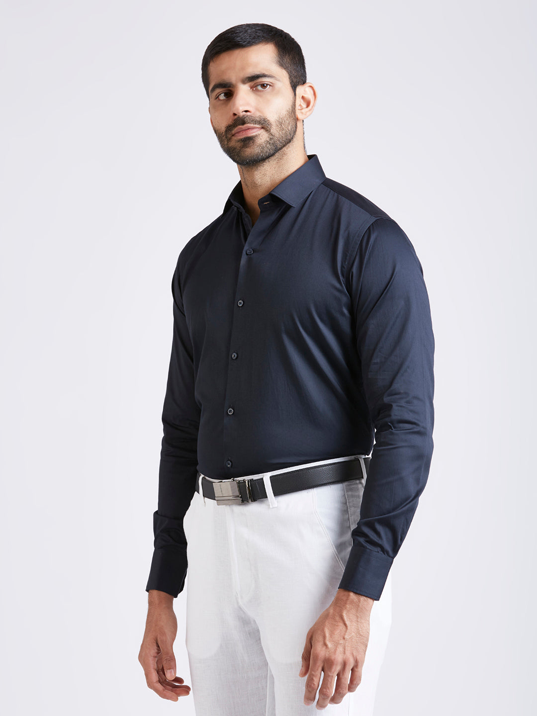 Pronto - Satin Slim Fit Shirt - Navy