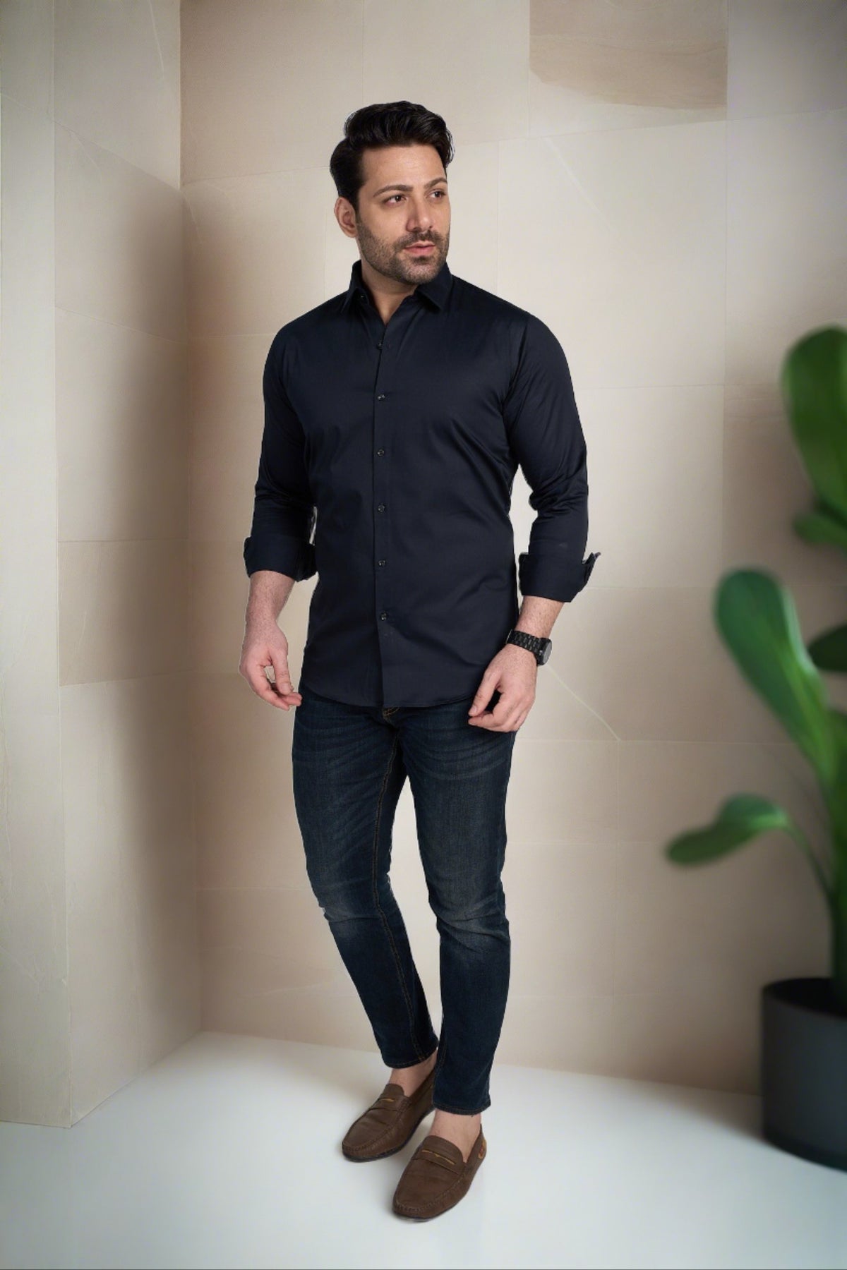 Pronto - Classic Solid Slim Fit Shirt - Navy
