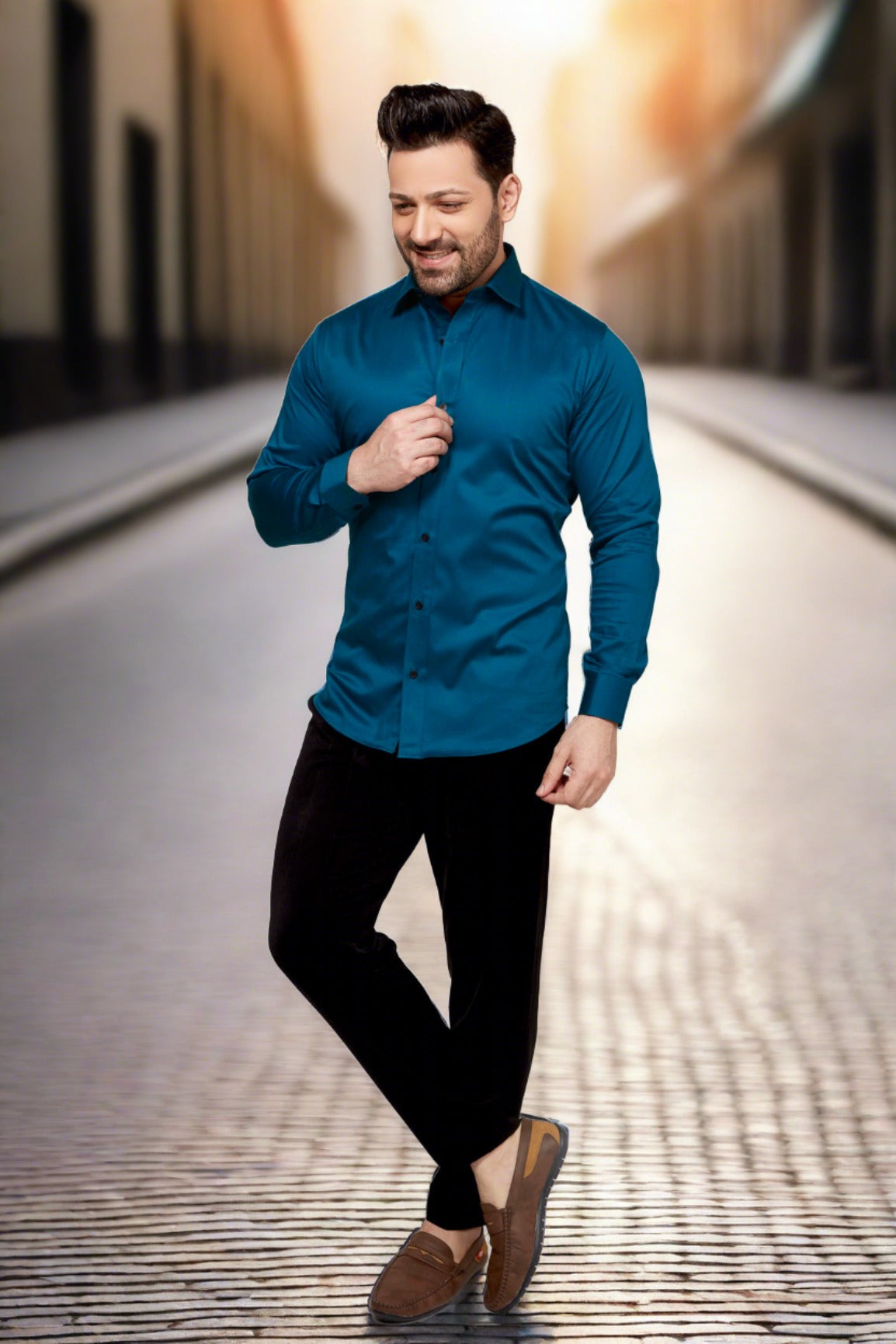 Turquoise - Satin Slim fit shirt - John Watson