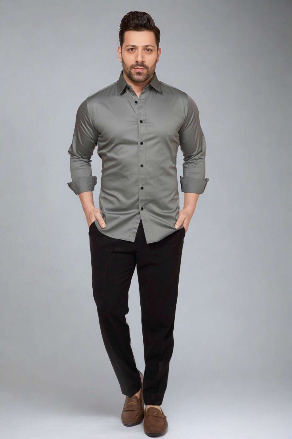 Steel grey - Satin Slim fit shirt - John Watson