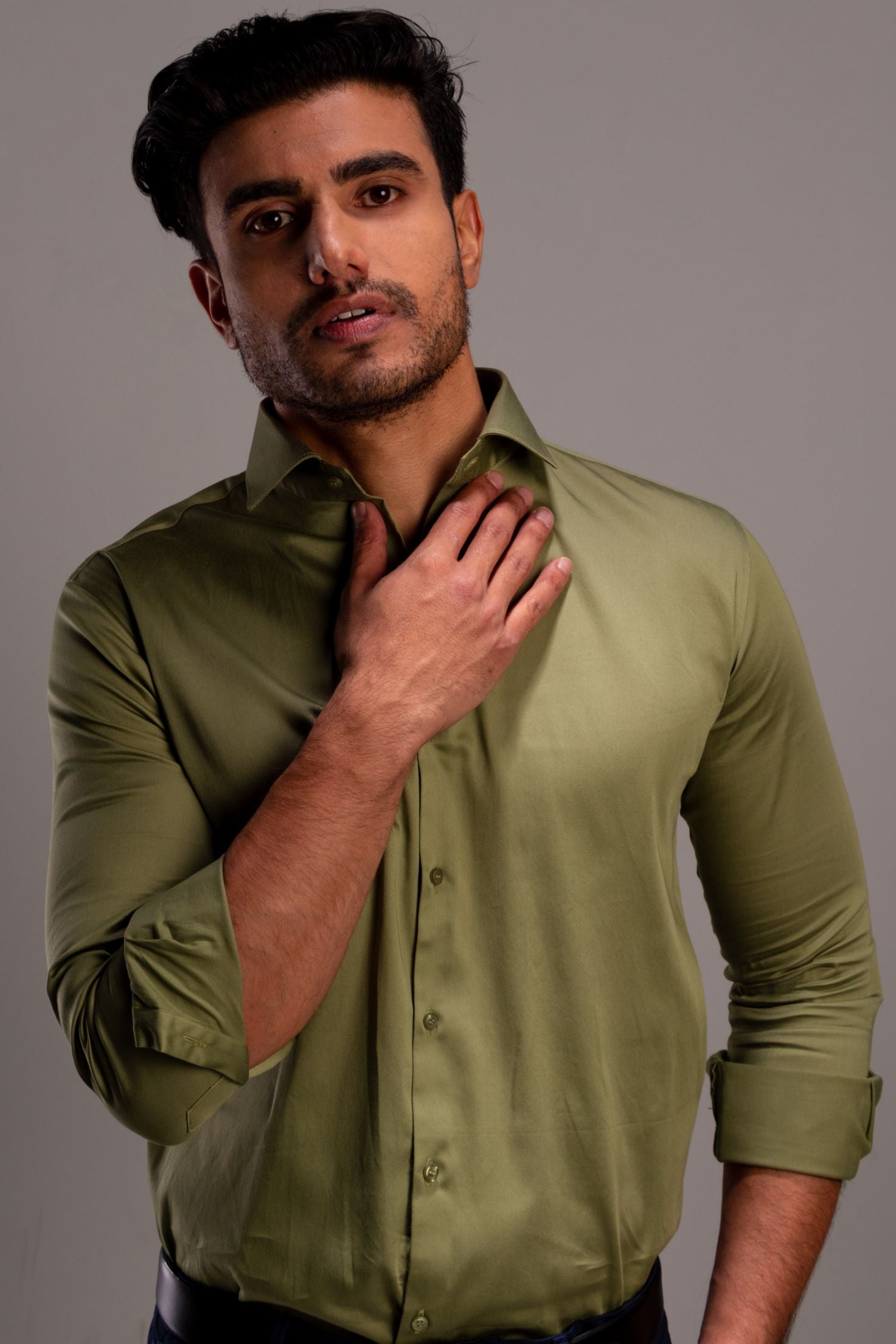 Costas - Satin Slim Fit Shirt - Green - John Watson