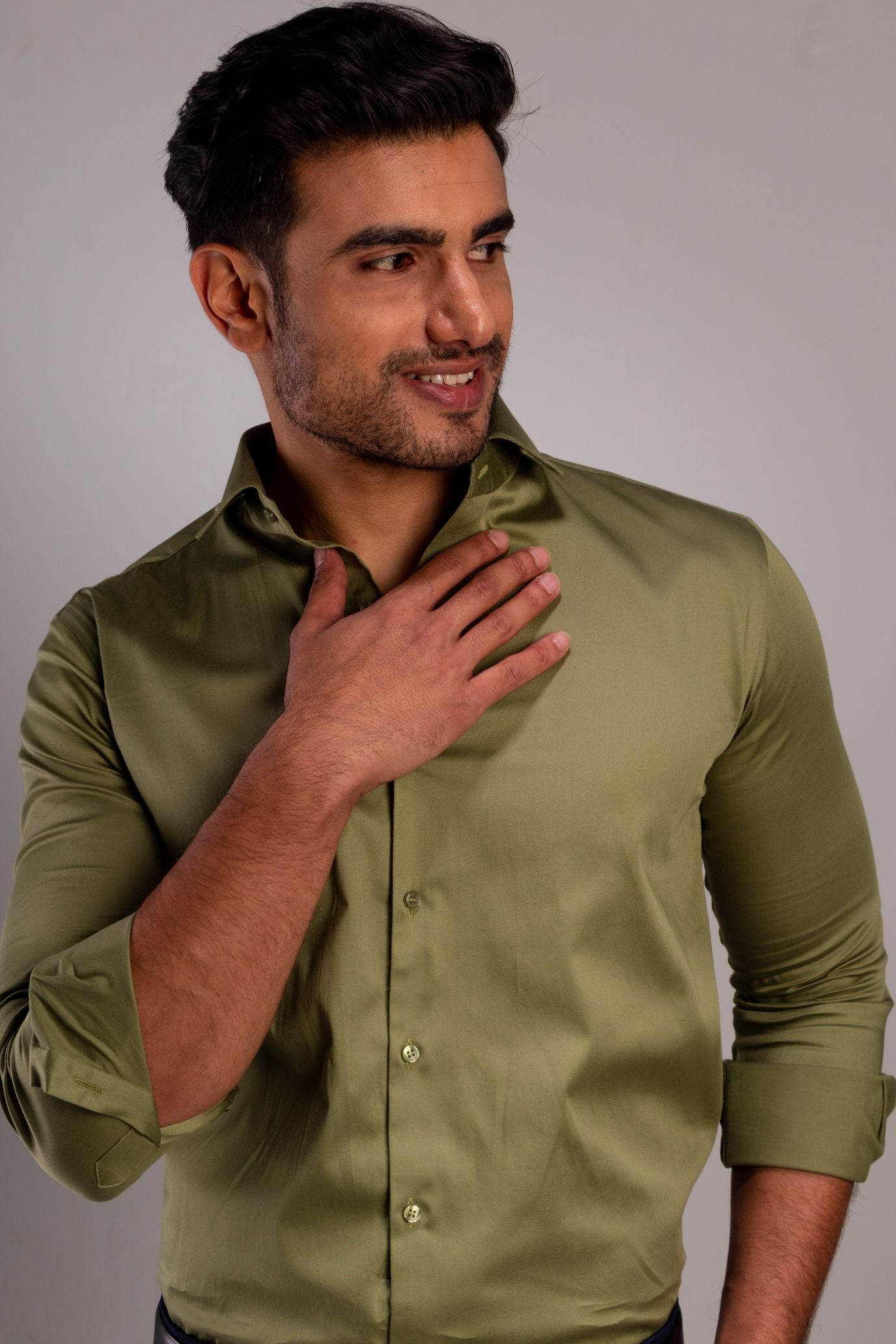 Costas - Satin Slim Fit Shirt - Green - John Watson