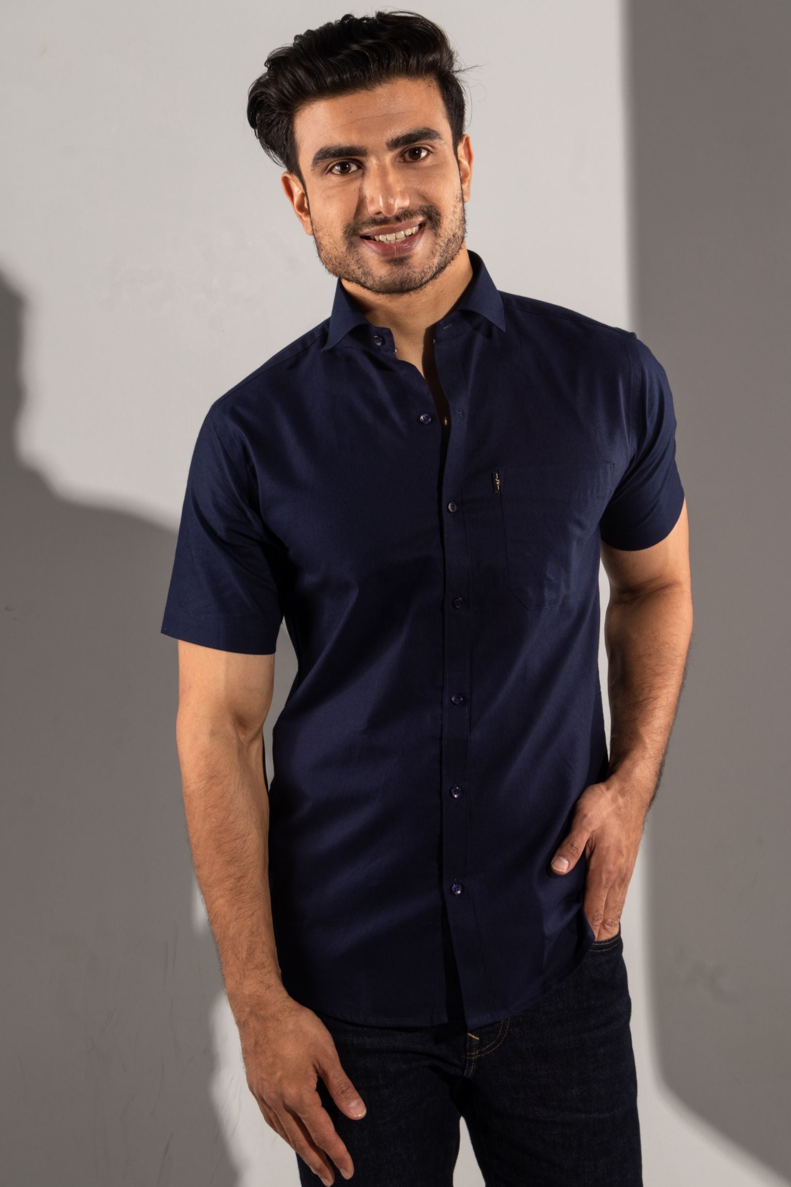 Persian Blue - Oxford Half-Sleeve Slim-Fit Shirt - John Watson