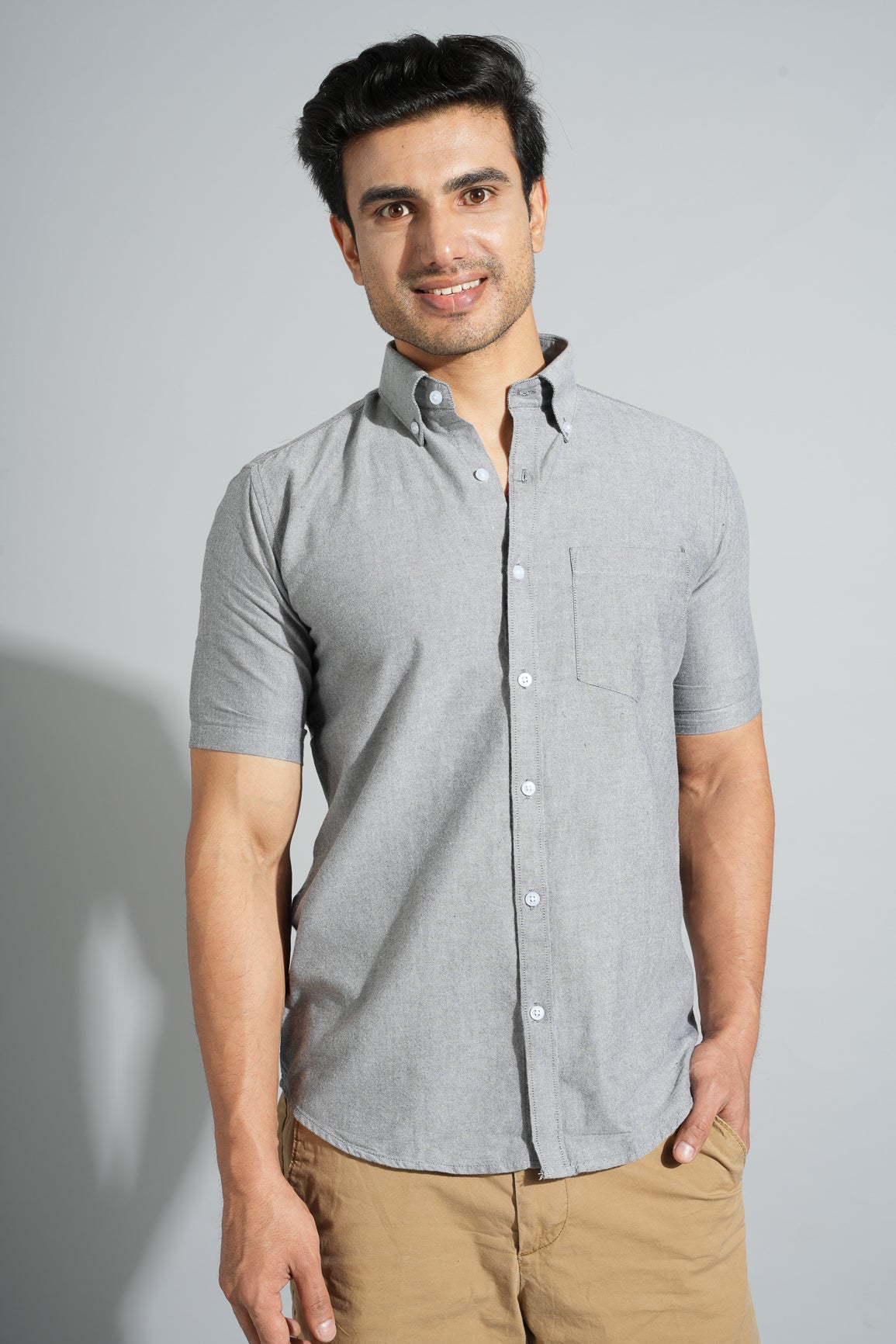 Grey - Oxford Button Down Slim Fit Shirt